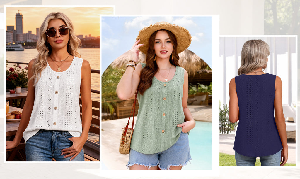 MOYIKO Tank Tops for Women Eyelet Crew Neck Sleeveless Tops Dressy Casual Trendy Flowy Summer Shirts Loose Fit