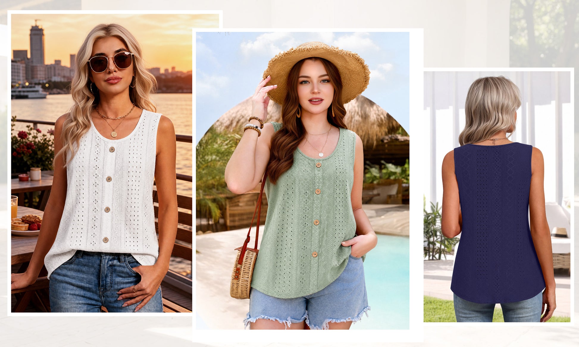 MOYIKO Tank Tops for Women Eyelet Crew Neck Sleeveless Tops Dressy Casual Trendy Flowy Summer Shirts Loose Fit