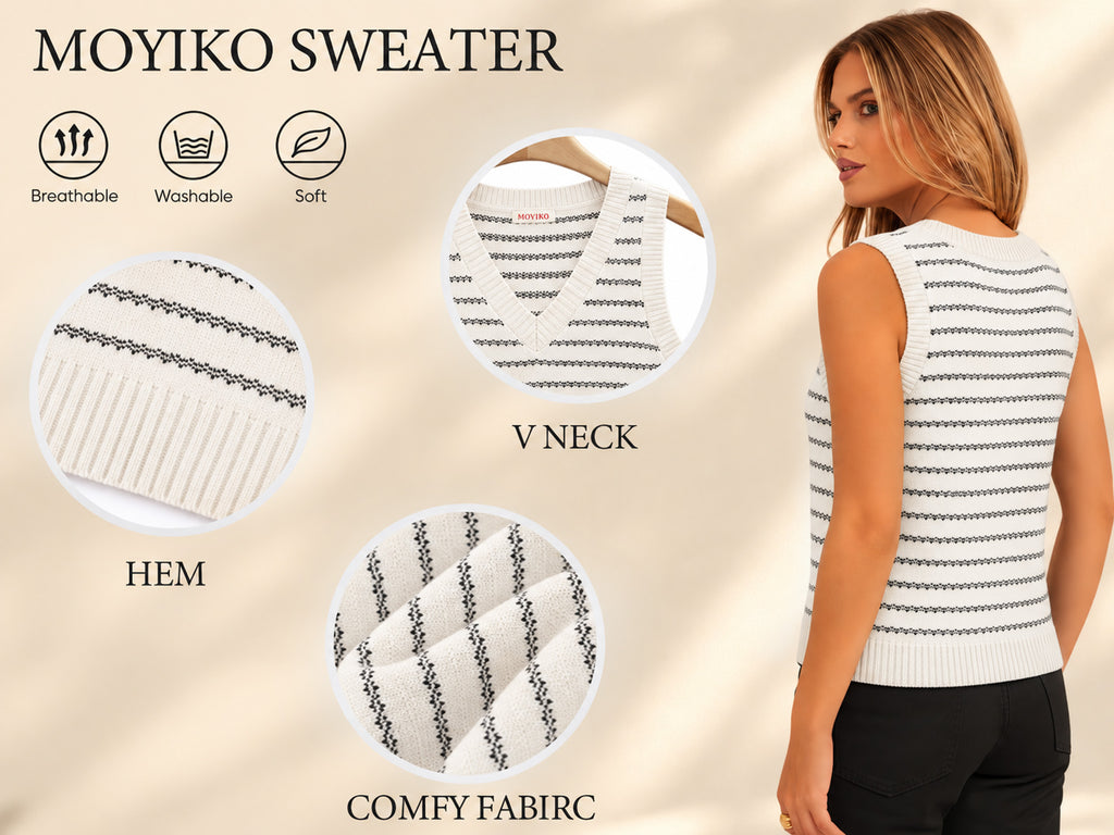MOYIKO Sleeveless Sweater Vest for Women V Neck Striped Knit Tank Tops Casual Cute Clothes
