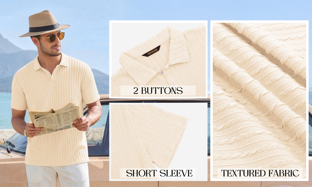 RICHCOIN Mens Casual Polo Shirt Summer Short Sleeve Vacation Button Beach Knit Stretchy Golf Shirts