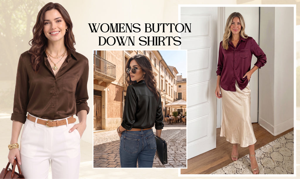 MOYIKO Button Down Shirts for Women Long Sleeve Stain Silk Collared Work Office Basic Business Dress Shirts Blouses Tops