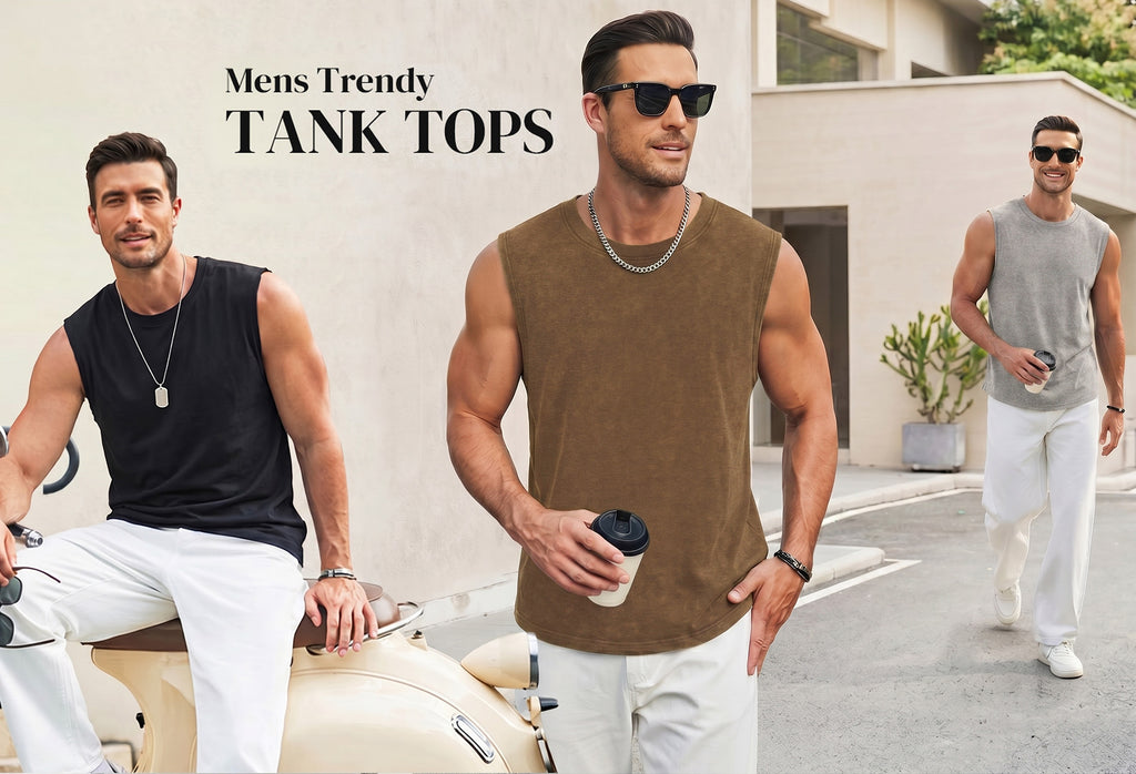 RICHCOIN Mens Workout Tank Tops Sleeveless Muscle Shirt Acid Wash T Shirts Running Beach Loose Fit Tee
