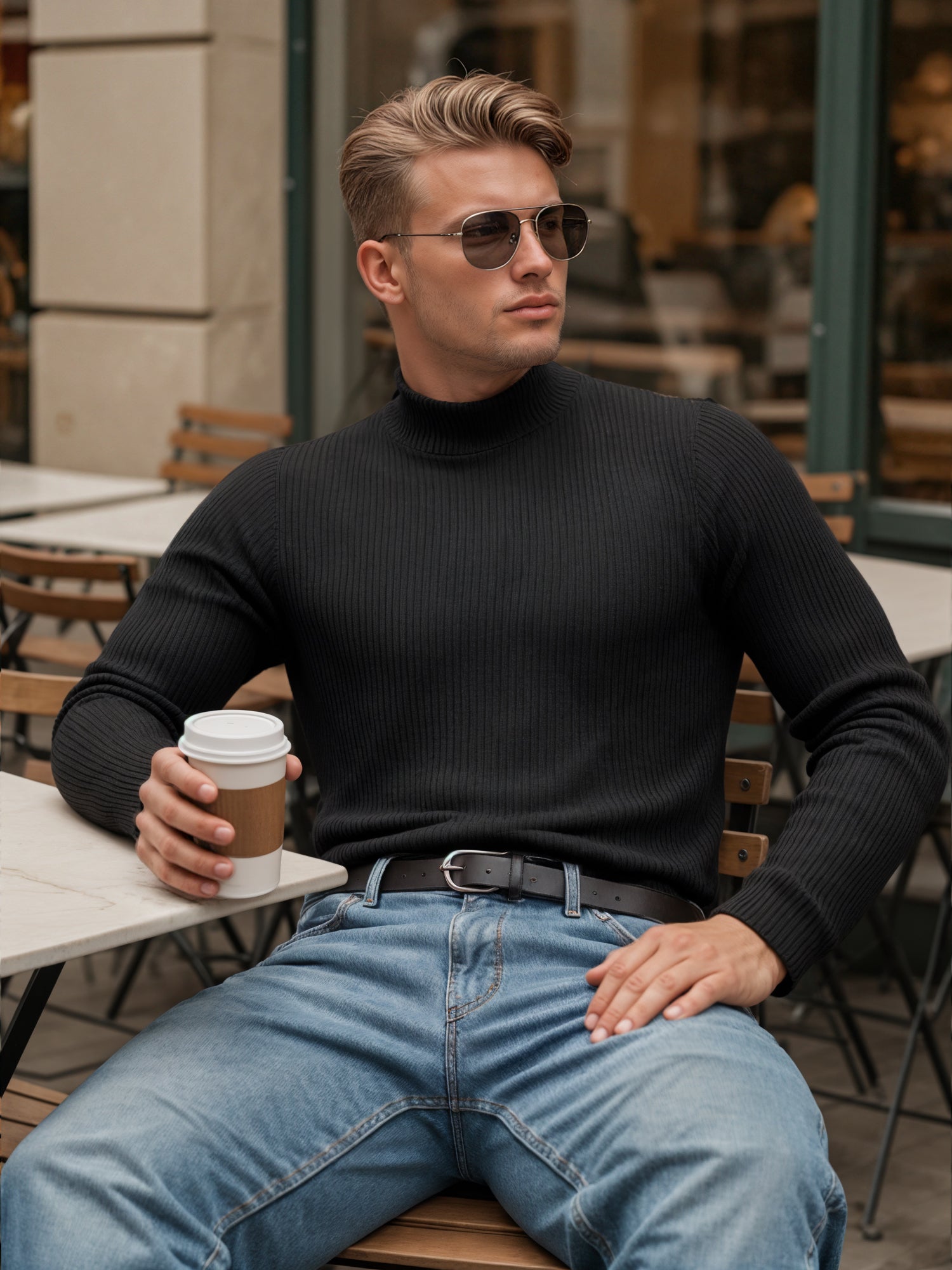 OALUXE Turtleneck Ribbed Long Sleeve Shirts for Mens Undershirts Knit Thermal Basic Tops