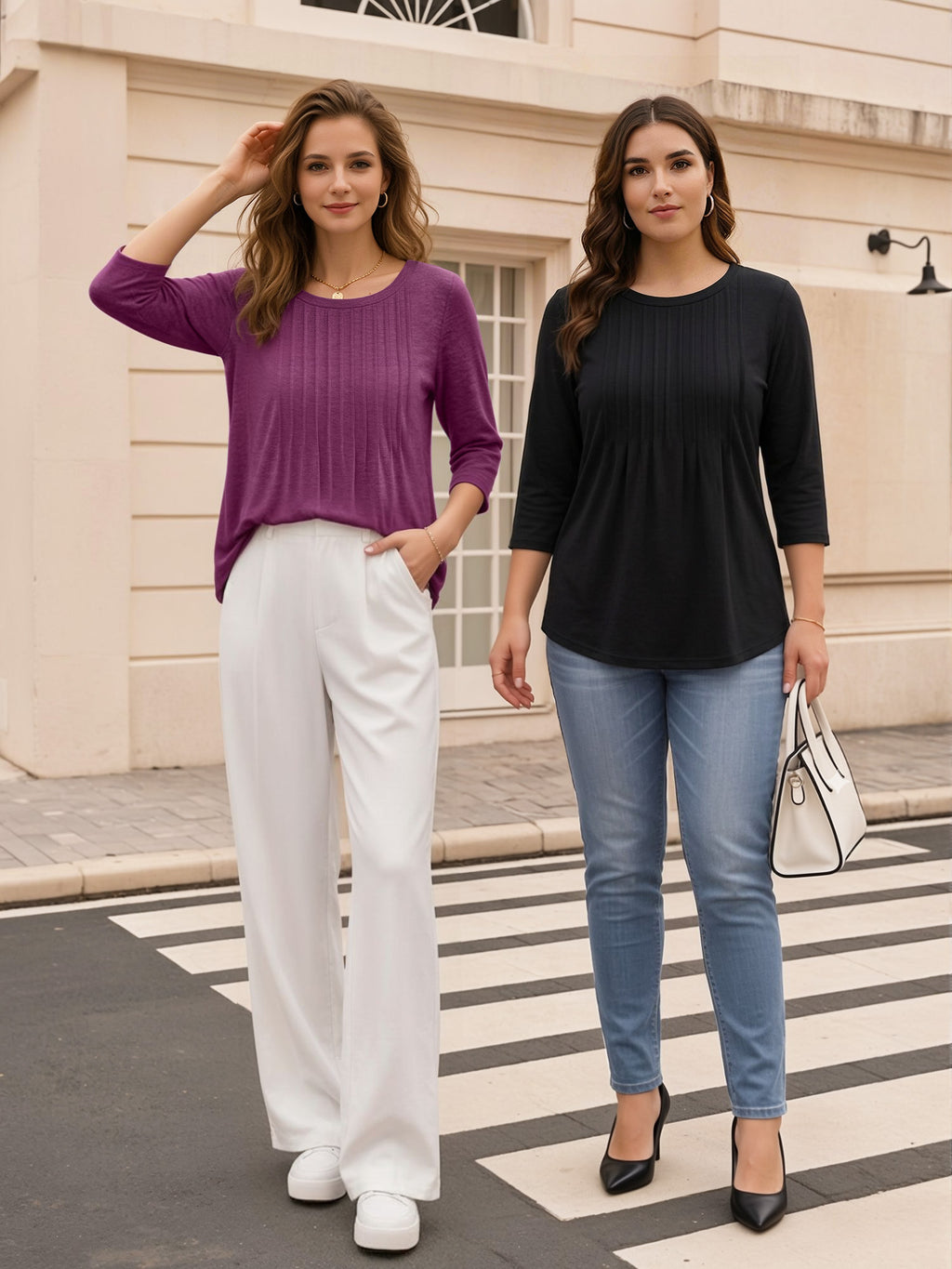 MOYIKO 3/4 Length Sleeve Womens Tops Round Neck T Shirts Pleated Tunic Summer Blouses Dressy Casual