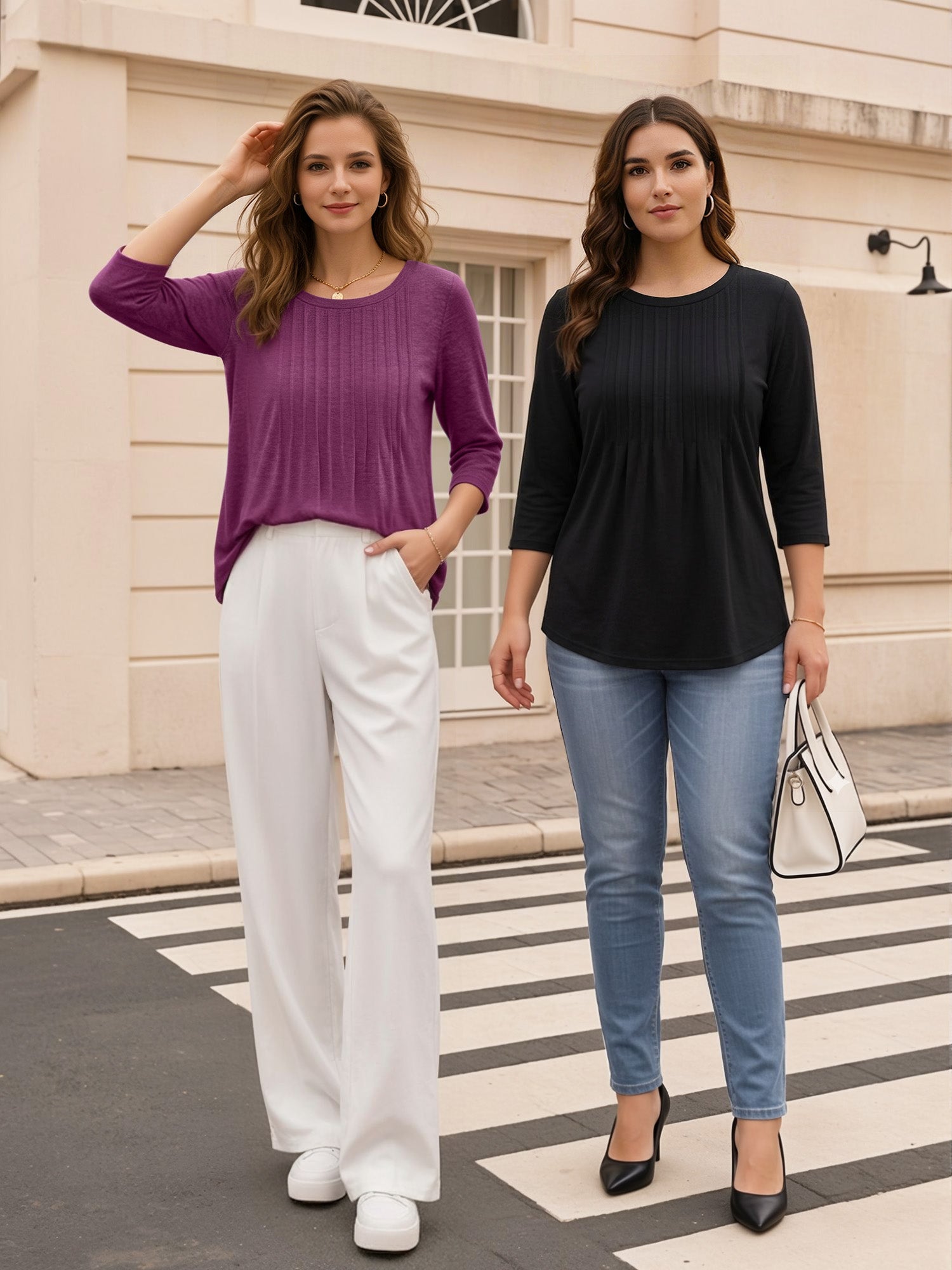 MOYIKO 3/4 Length Sleeve Womens Tops Round Neck T Shirts Pleated Tunic Summer Blouses Dressy Casual