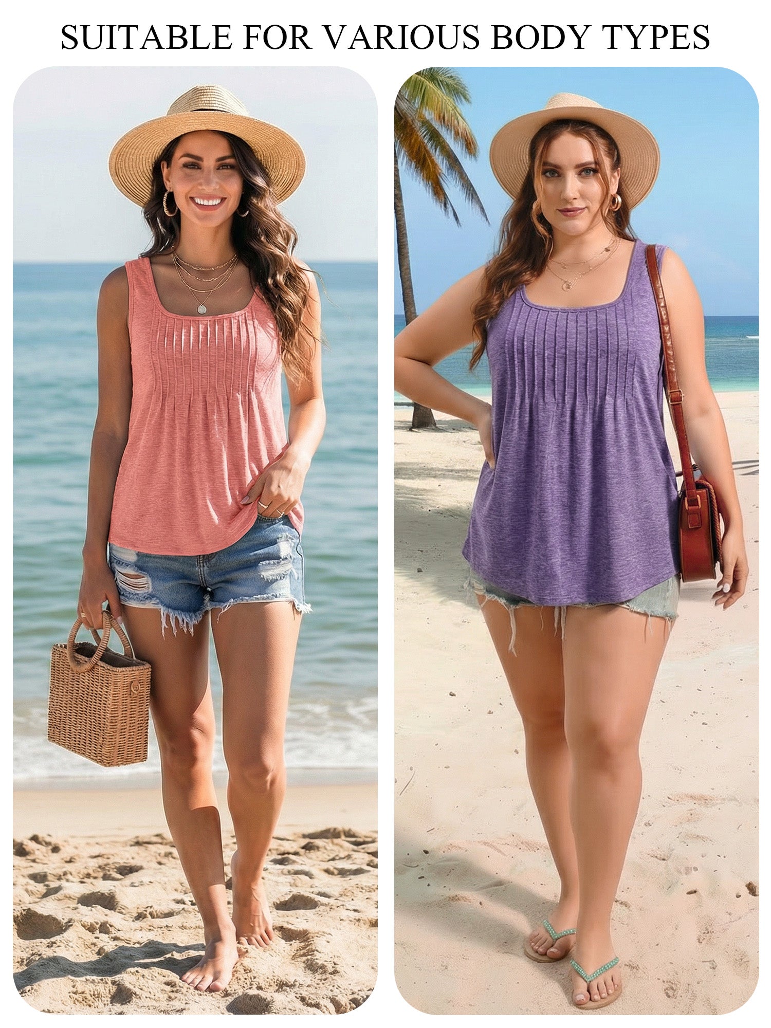 MOYIKO Women's Summer Tank Tops Pleated Square Neck Loose Fit Casual Flowy Tunic Sleeveless Shirts