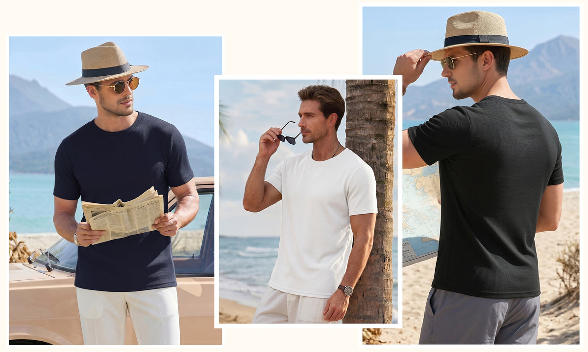 RICHCOIN Short Sleeve T-shirt for Men Ribbed Summer Top Blue Casual Crewneck Slim Fit Tee Shirts