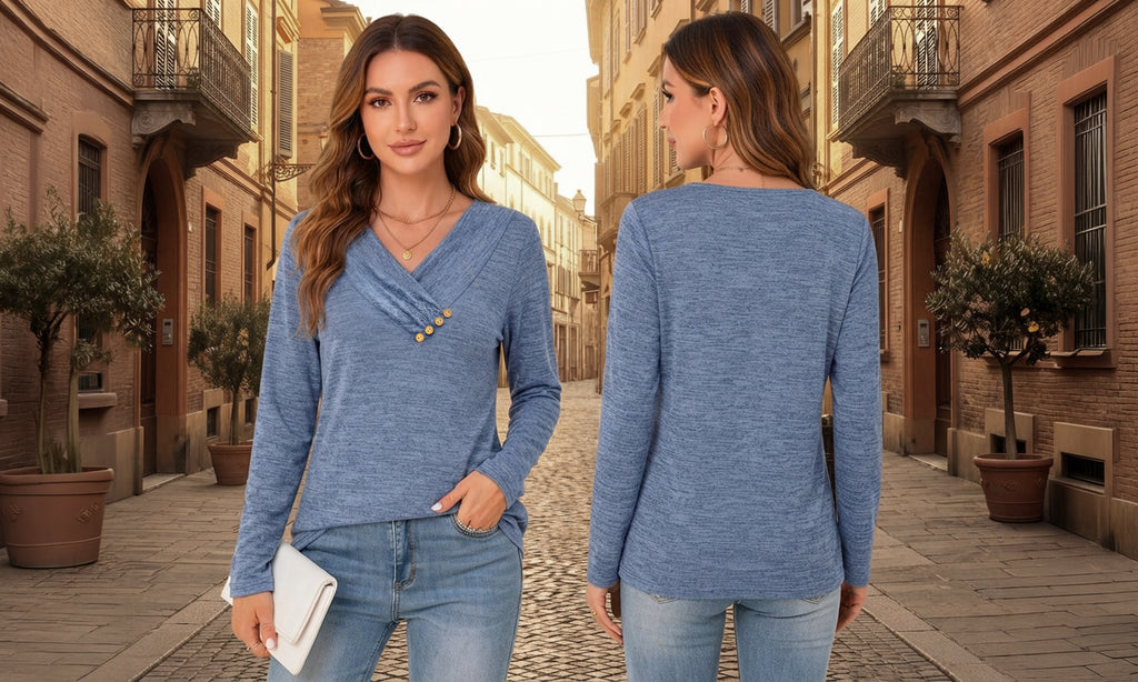 MOYIKO V Neck Blouses for Women Button Long Sleeve Tunic Dressy Casual Work Shirts Trendy Fall Winter Tops