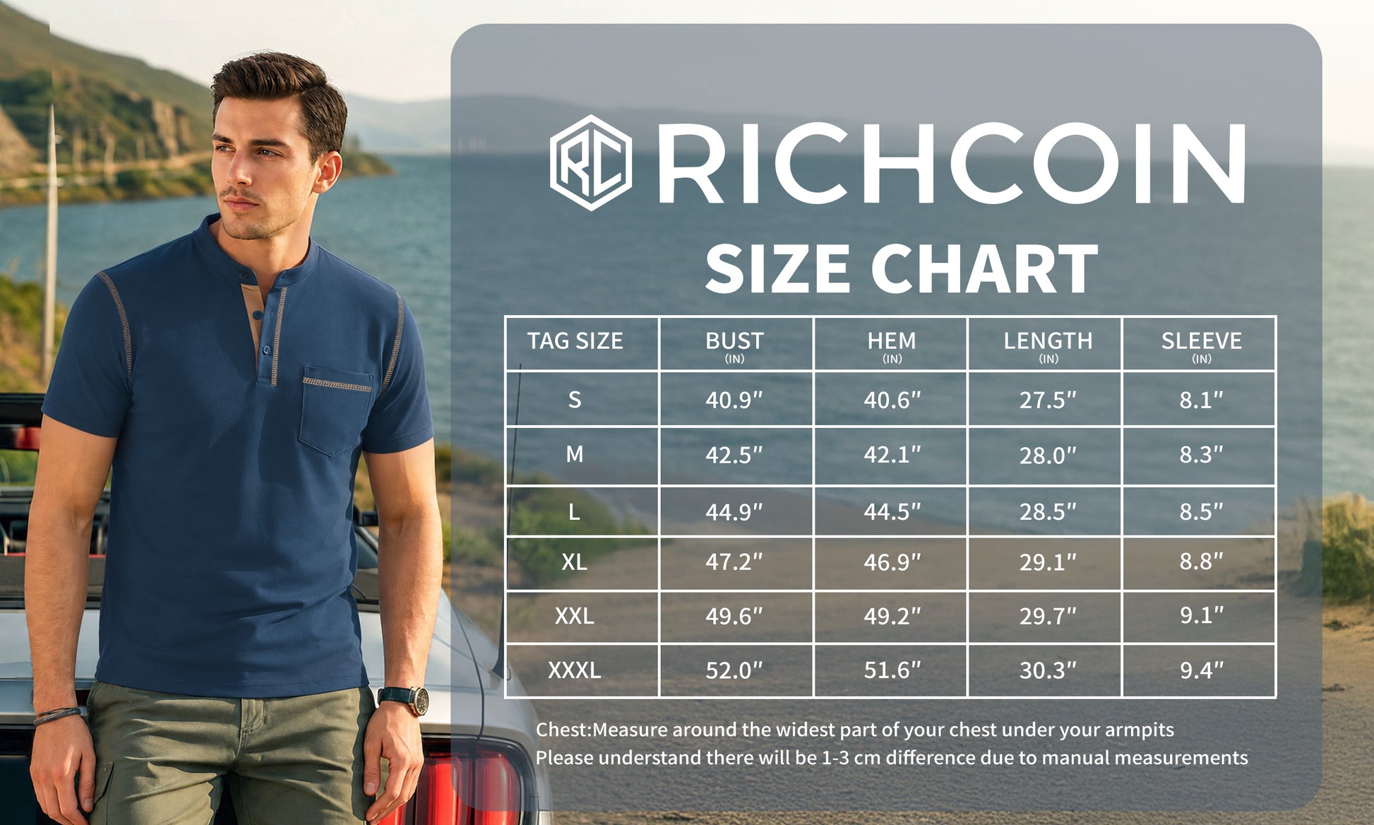RICHCOIN Henley Men Shirts Short Sleeve T Shirts for Men Summer Tops Classic Pocket Button Casual Color Block Blue Tees