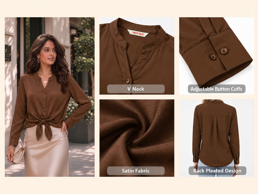 MOYIKO Womens Satin Button Down Shirts Long Sleeve Notched V Neck Dressy Business Office Fall Wear Tops