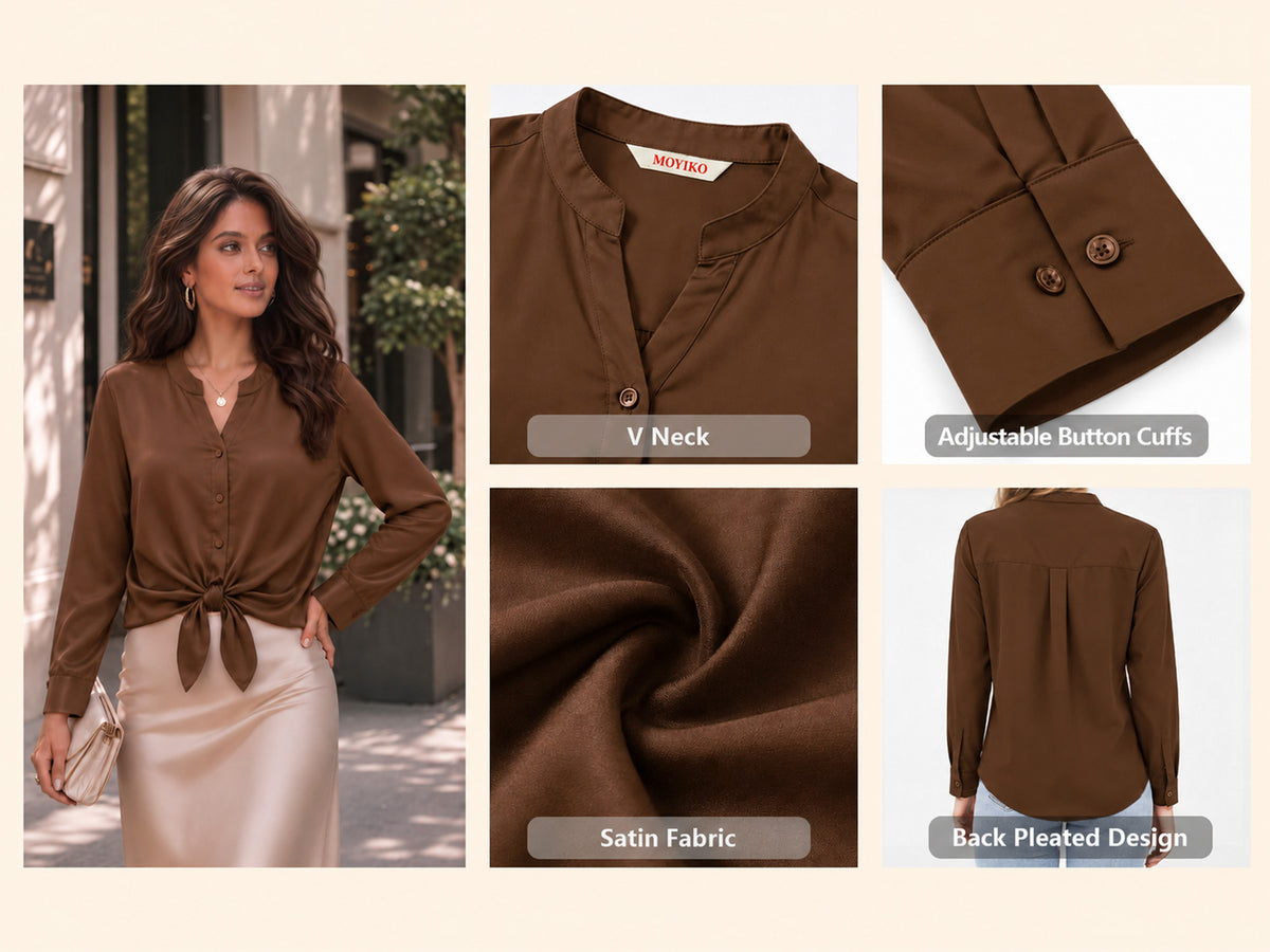 MOYIKO Womens Satin Button Down Shirts Long Sleeve Notched V Neck Dressy Business Office Fall Wear Tops