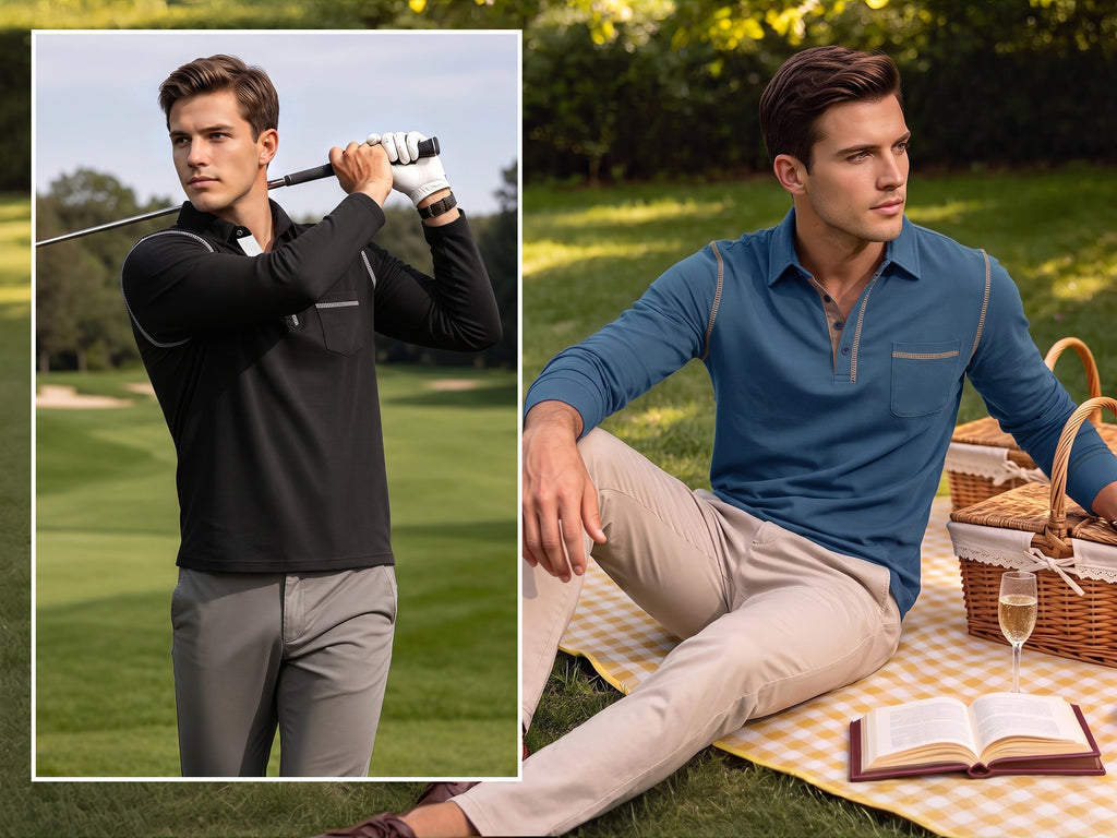RICHCOIN Polo Shirts for Men Long Sleeve Golf Shirts Casual Button Knit Collared T Shirt Tops