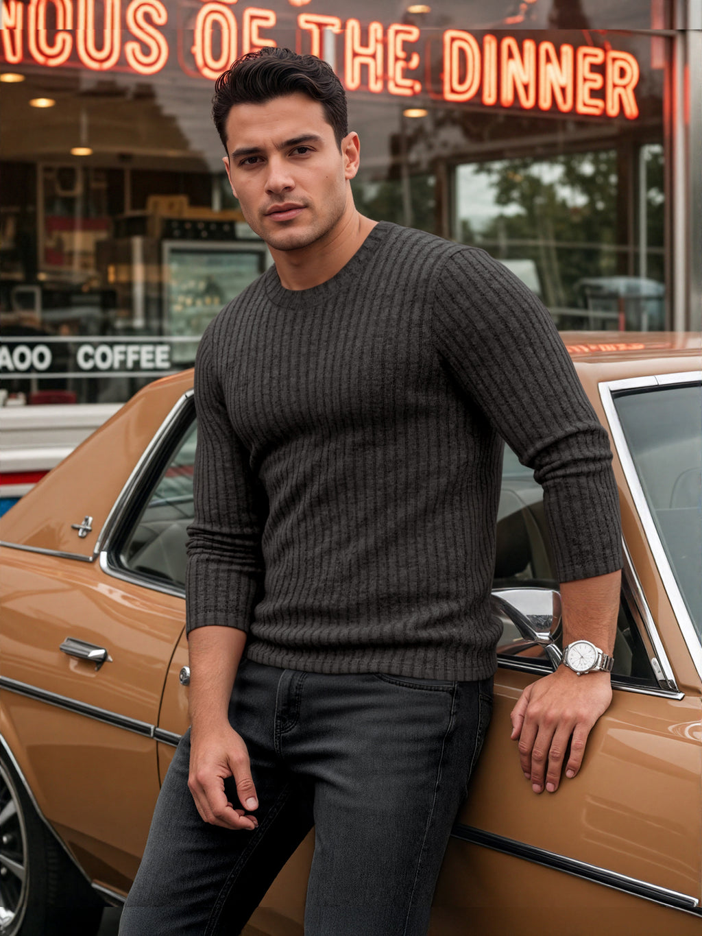 OALUXE Ribbed Long Sleeve Shirts for Men Crewneck Undershirts Thermal Basic Tops