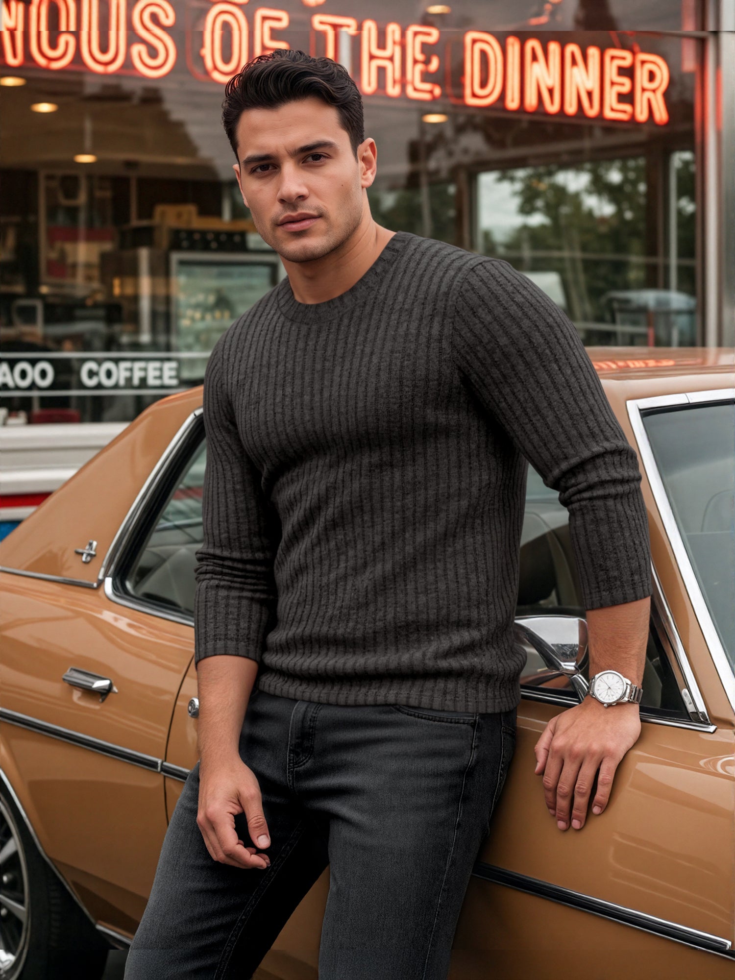 OALUXE Ribbed Long Sleeve Shirts for Men Crewneck Undershirts Thermal Basic Tops