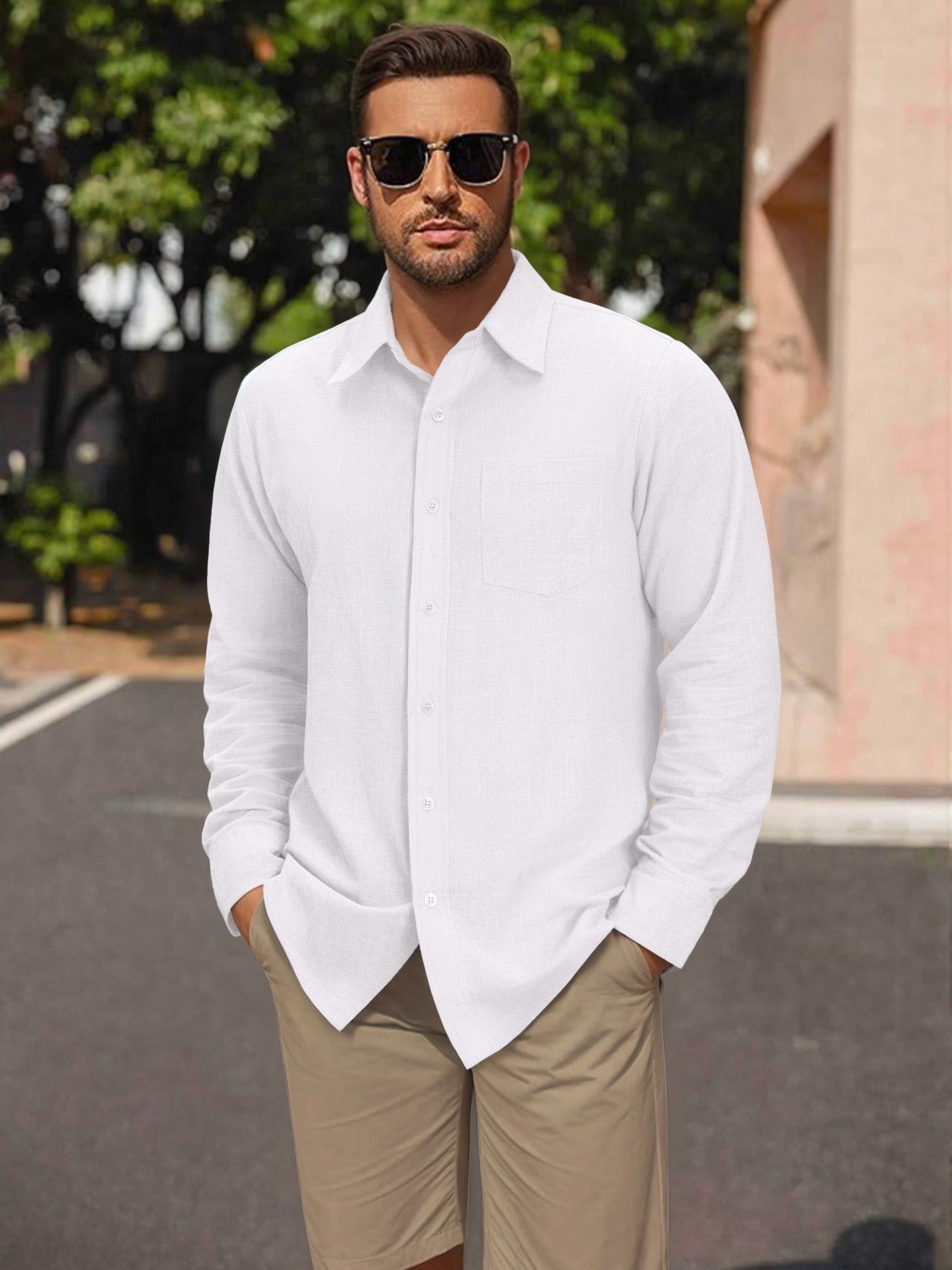 OALUXE Linen Button Down Shirts For Men Casual Long Sleeve Lightweight Dress Shirts With Pocket