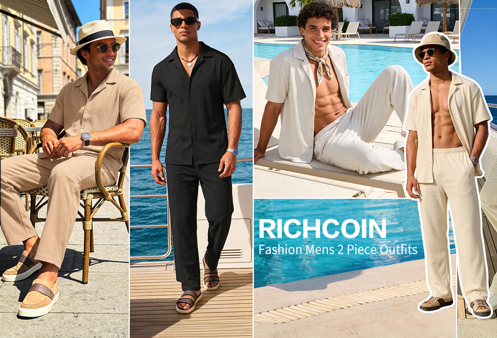 RICHCOIN Men's 2 Piece Beige Summer Beach Button Down Shirt & Pant Outfit Set
