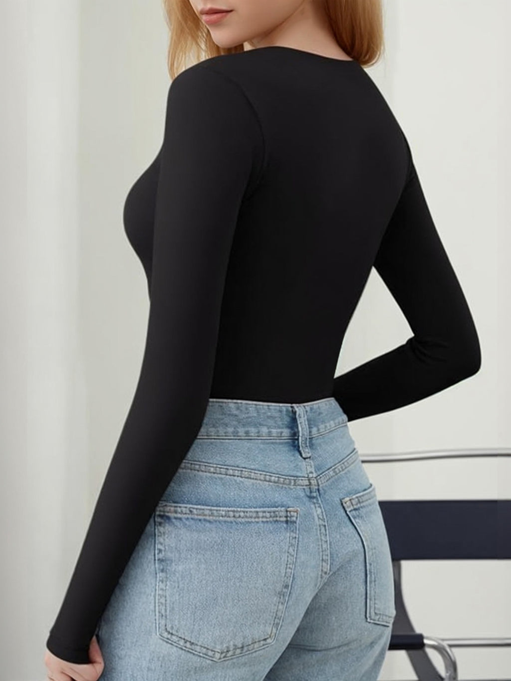 MOYIKO Fleece Lined V Neck Long Sleeve Bodysuit for Women Fitted Basic Tops