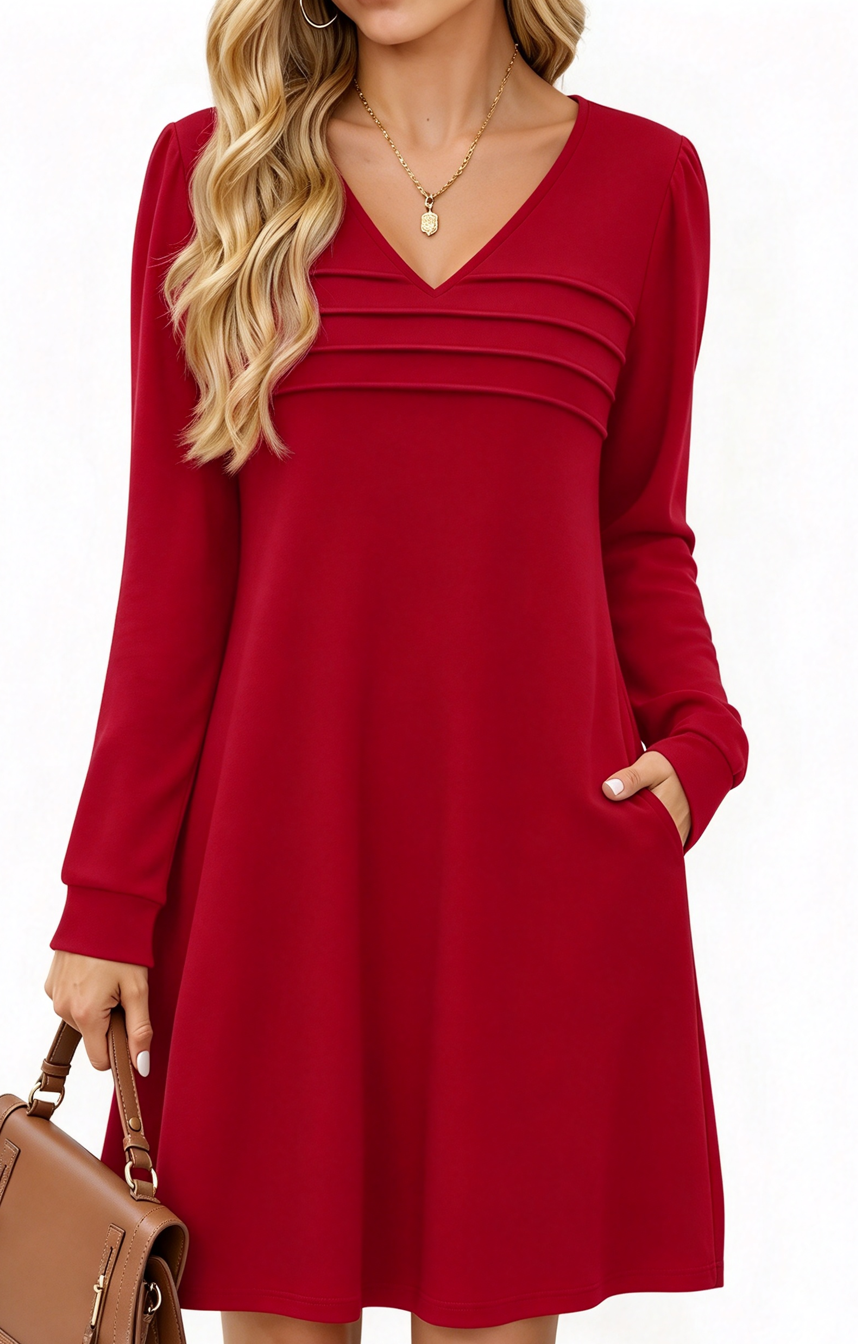 MOYIKO Pleated Long Sleeve Dresses for Women Fashion V Neck Fall Dresses A Line Casual Dress with Pockets