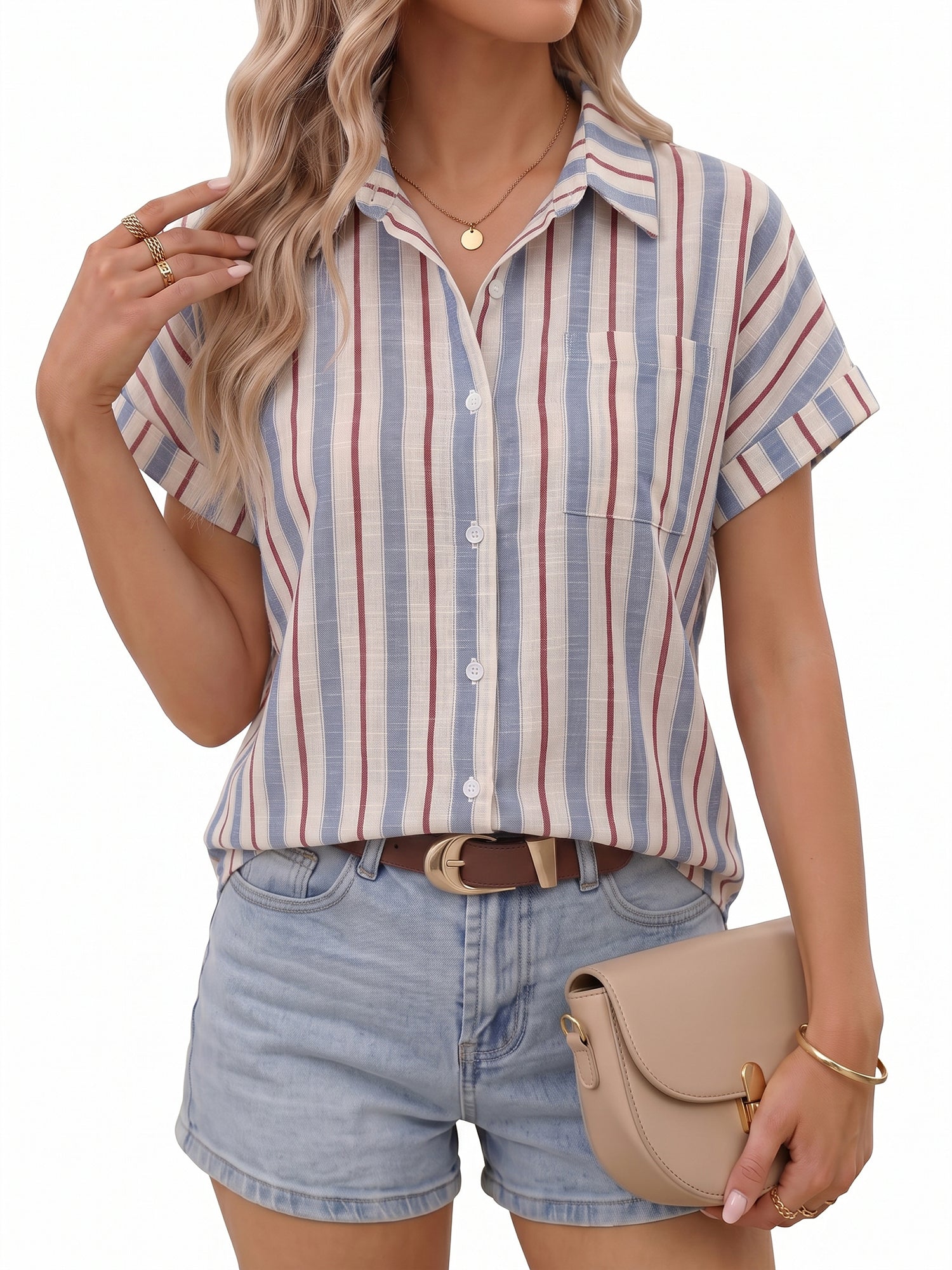 MOYIKO Womens Short Sleeve Striped Shirts Casual Button Down V Neck Work Blouses Tops
