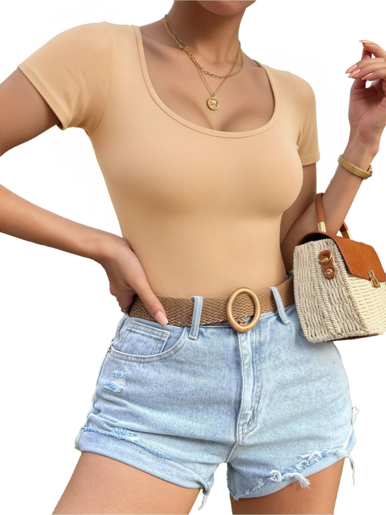 MOYIKO Scoop Neck Tops for Women Slim Fitted T Shirts Tight Short Sleeve Basic Tees