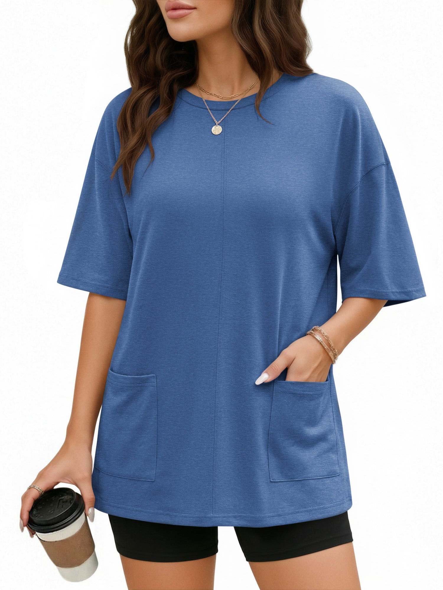 MOYIKO Oversized T Shirts for Women Half Sleeve Crewneck Loose Fit Tees Summer Tops with Pockets