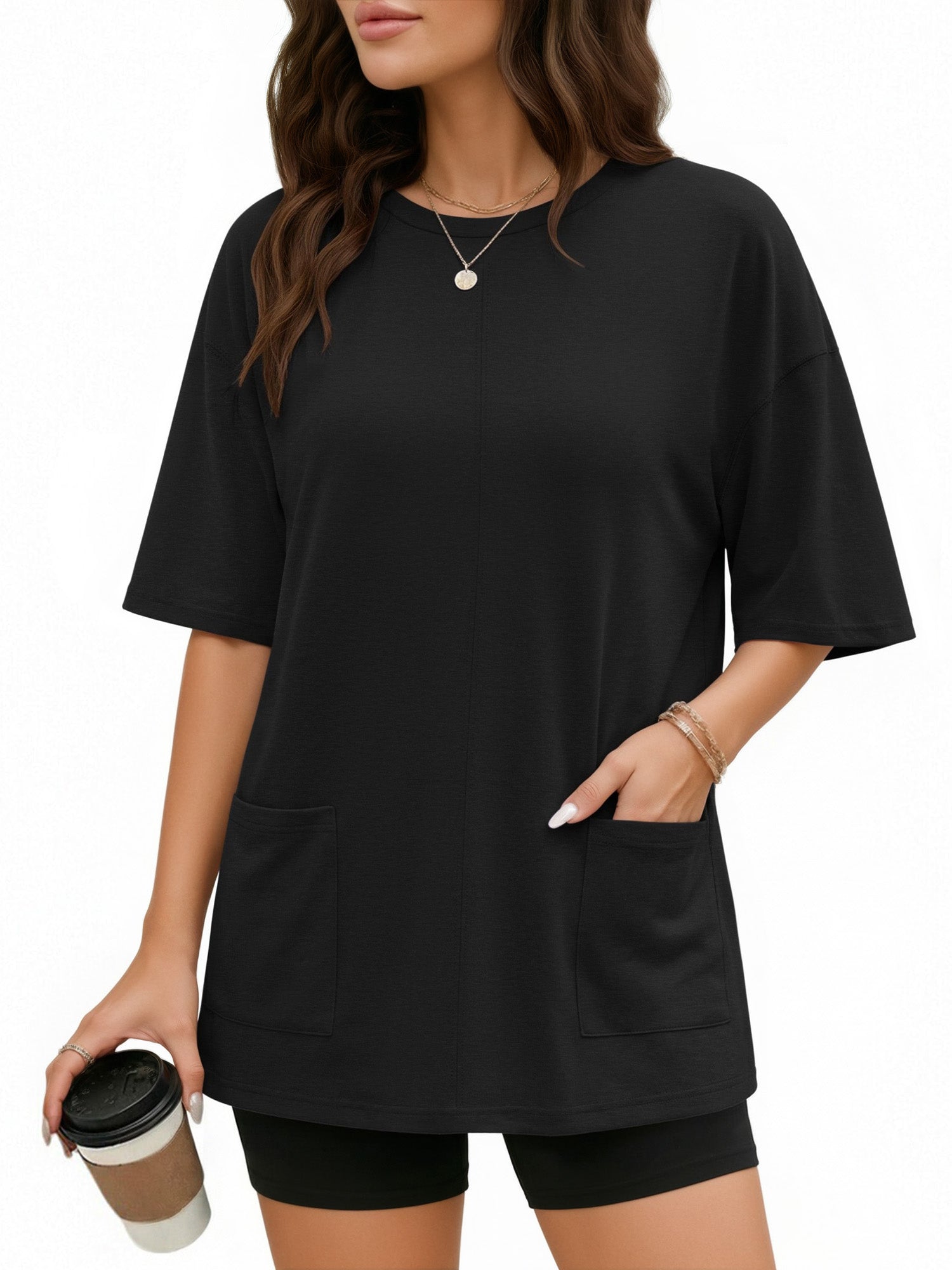 MOYIKO Oversized T Shirts for Women Half Sleeve Crewneck Loose Fit Tees Summer Tops with Pockets