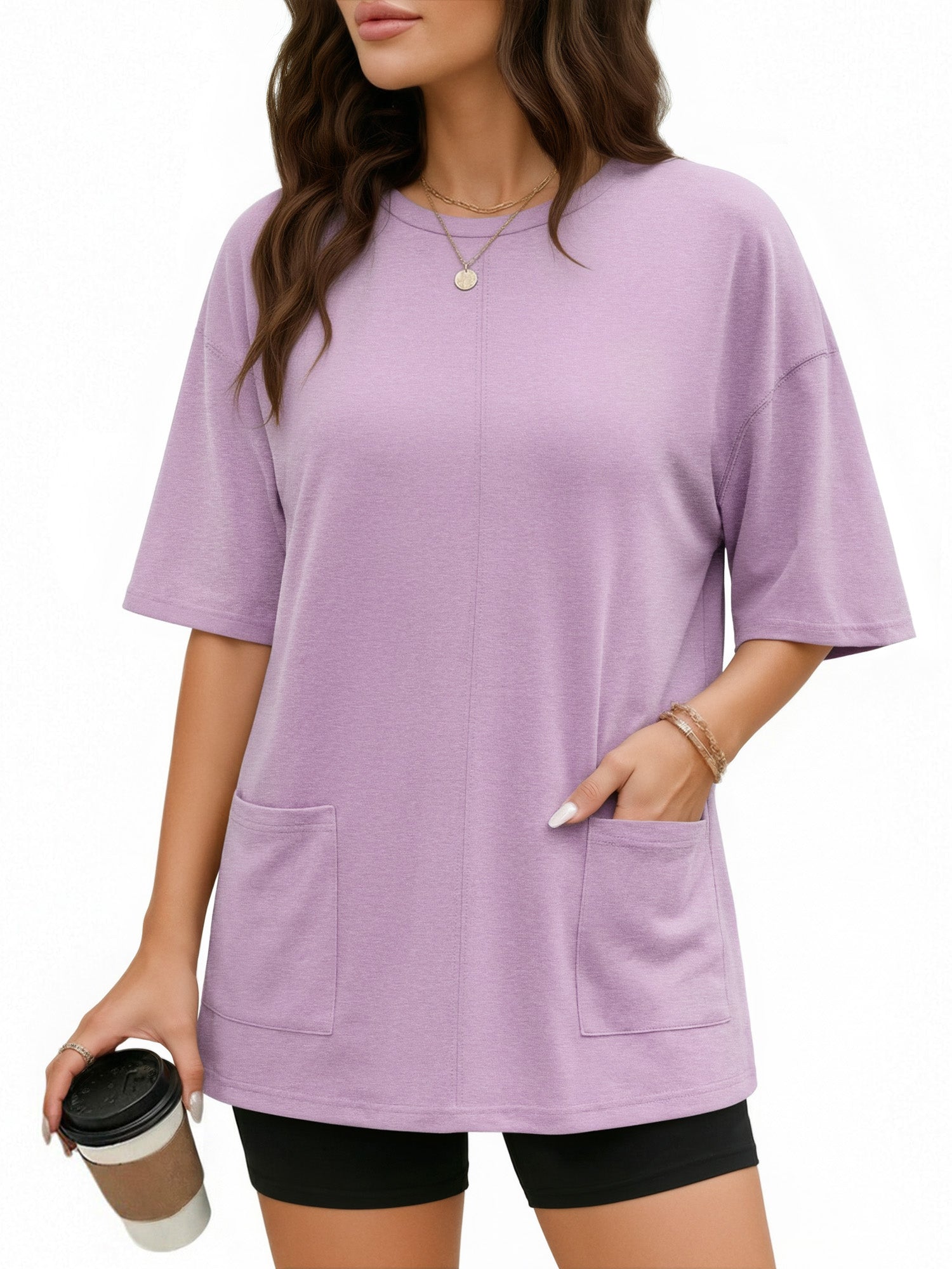 MOYIKO Oversized T Shirts for Women Half Sleeve Crewneck Loose Fit Tees Summer Tops with Pockets
