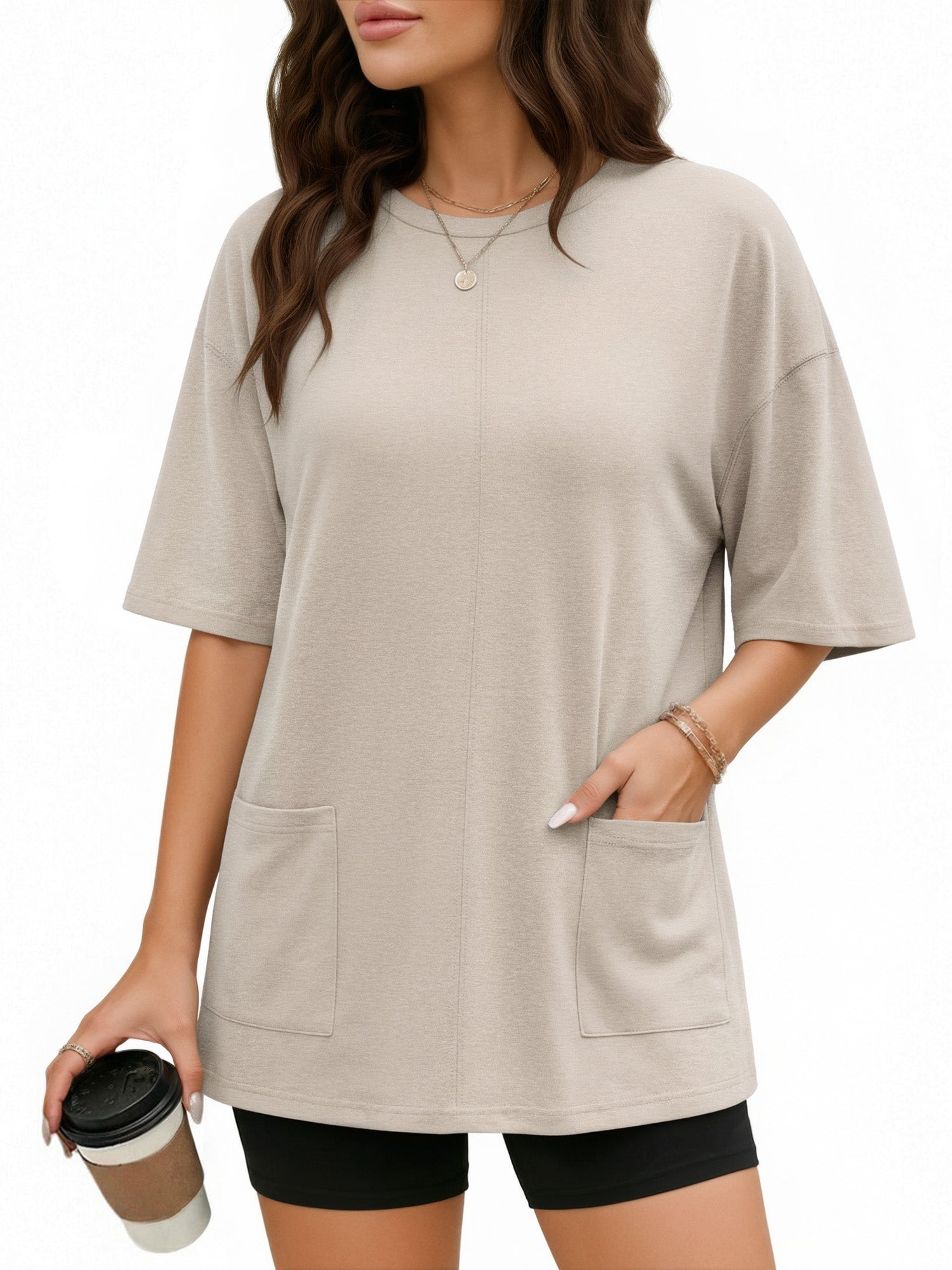 MOYIKO Oversized T Shirts for Women Half Sleeve Crewneck Loose Fit Tees Summer Tops with Pockets
