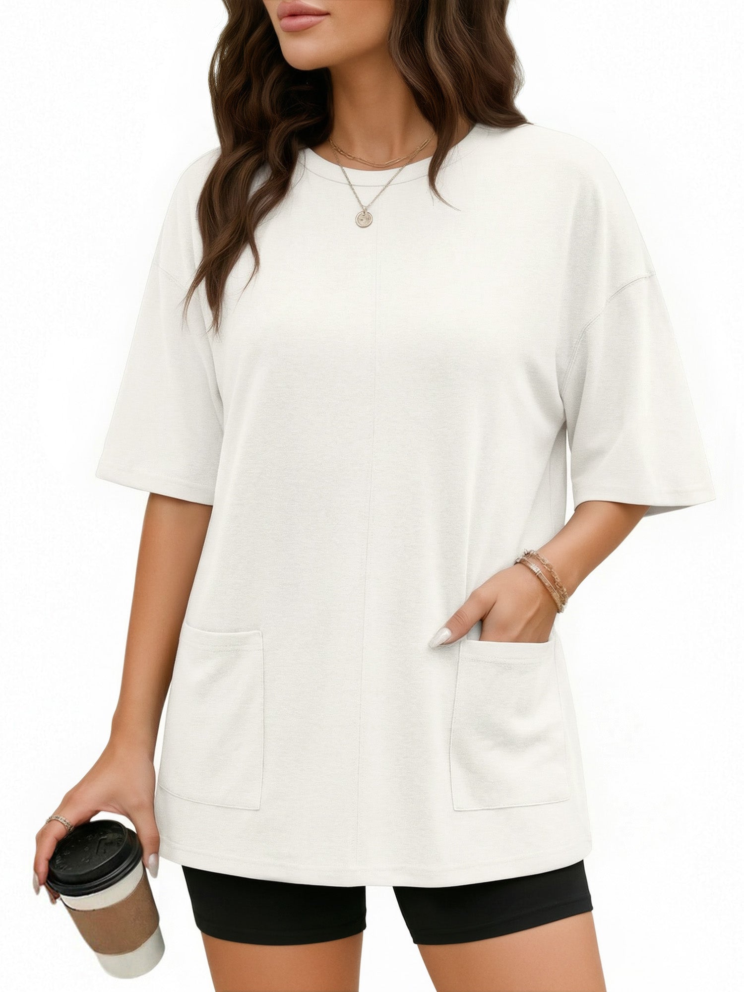 MOYIKO Oversized T Shirts for Women Half Sleeve Crewneck Loose Fit Tees Summer Tops with Pockets