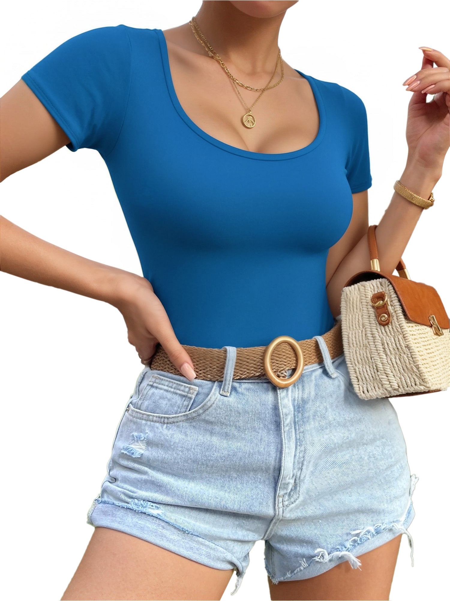 MOYIKO Scoop Neck Tops for Women Slim Fitted T Shirts Tight Short Sleeve Basic Tees