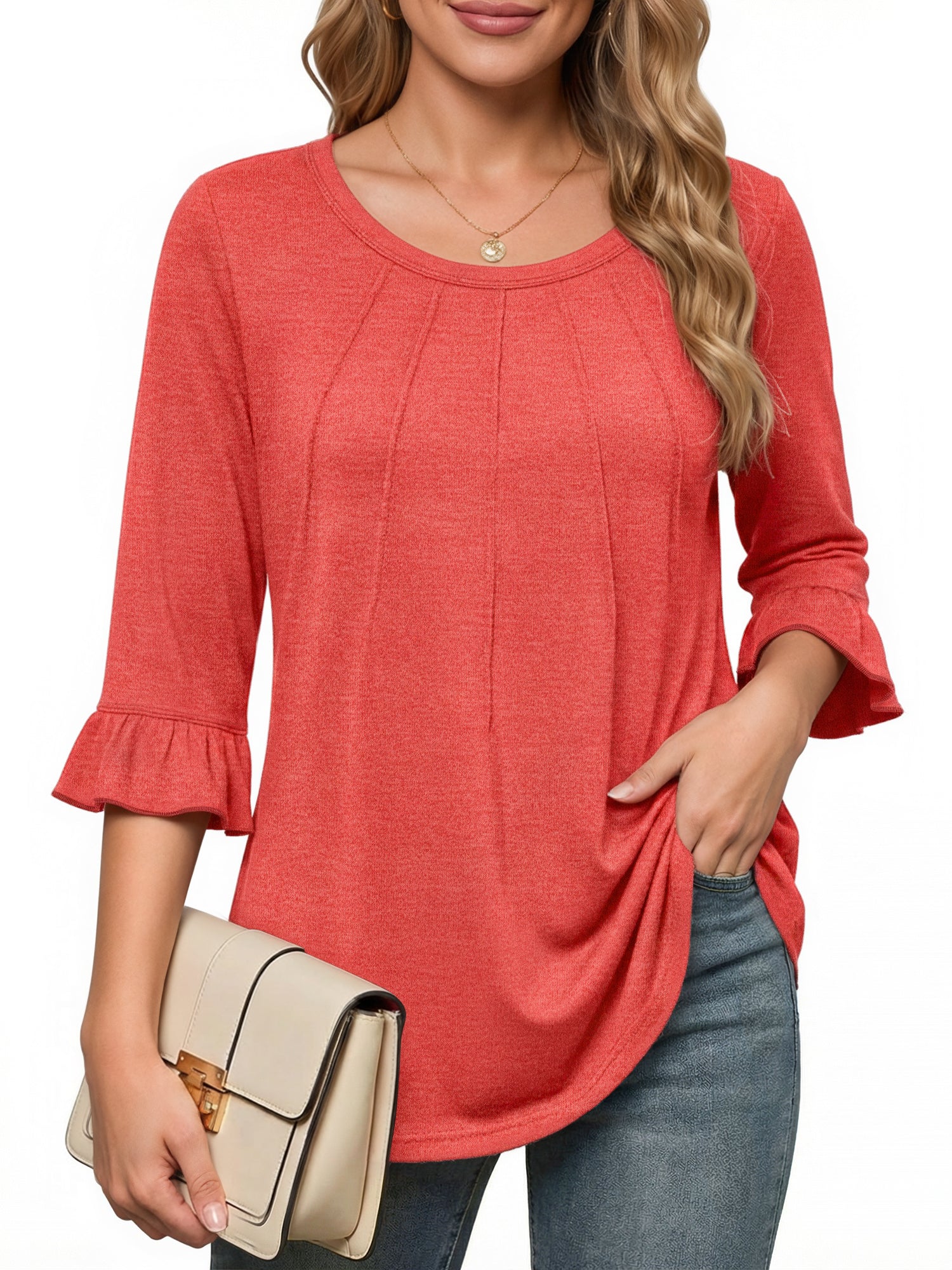 MOYIKO Pleated Blouses for Women 3/4 Length Bell Sleeve T Shirts Dressy Casual Round Neck Summer Tops