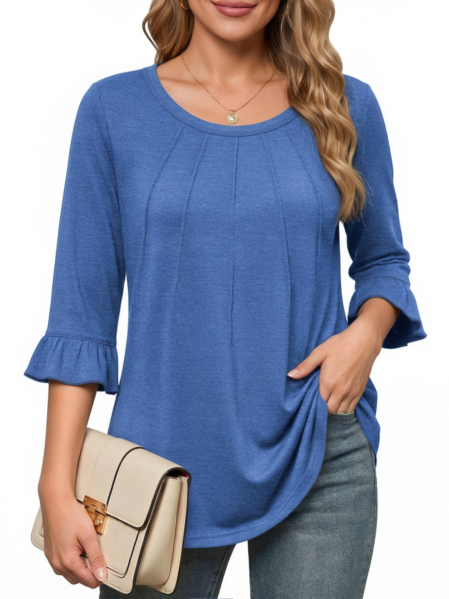 MOYIKO Pleated Blouses for Women 3/4 Length Bell Sleeve T Shirts Dressy Casual Round Neck Summer Tops
