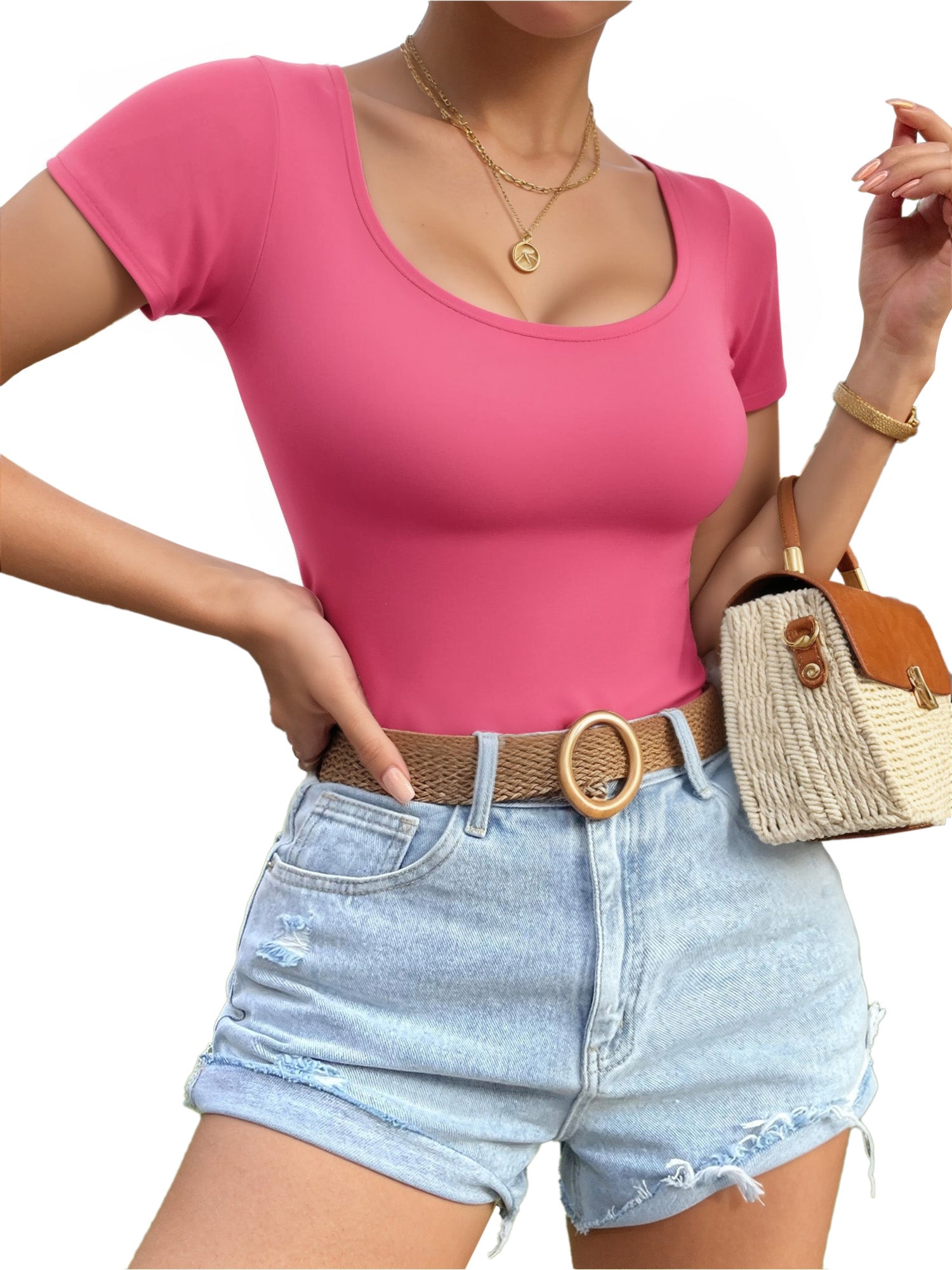 MOYIKO Scoop Neck Tops for Women Slim Fitted T Shirts Tight Short Sleeve Basic Tees