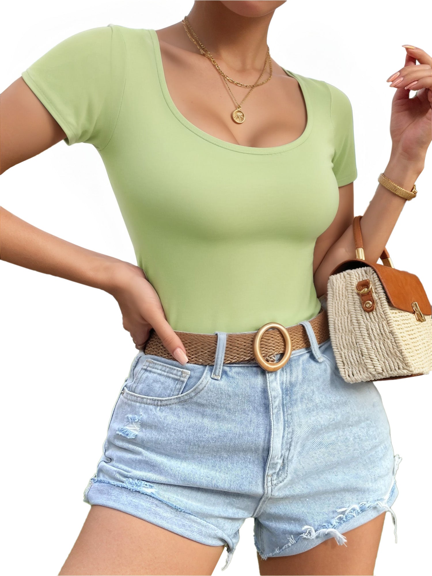 MOYIKO Scoop Neck Tops for Women Slim Fitted T Shirts Tight Short Sleeve Basic Tees