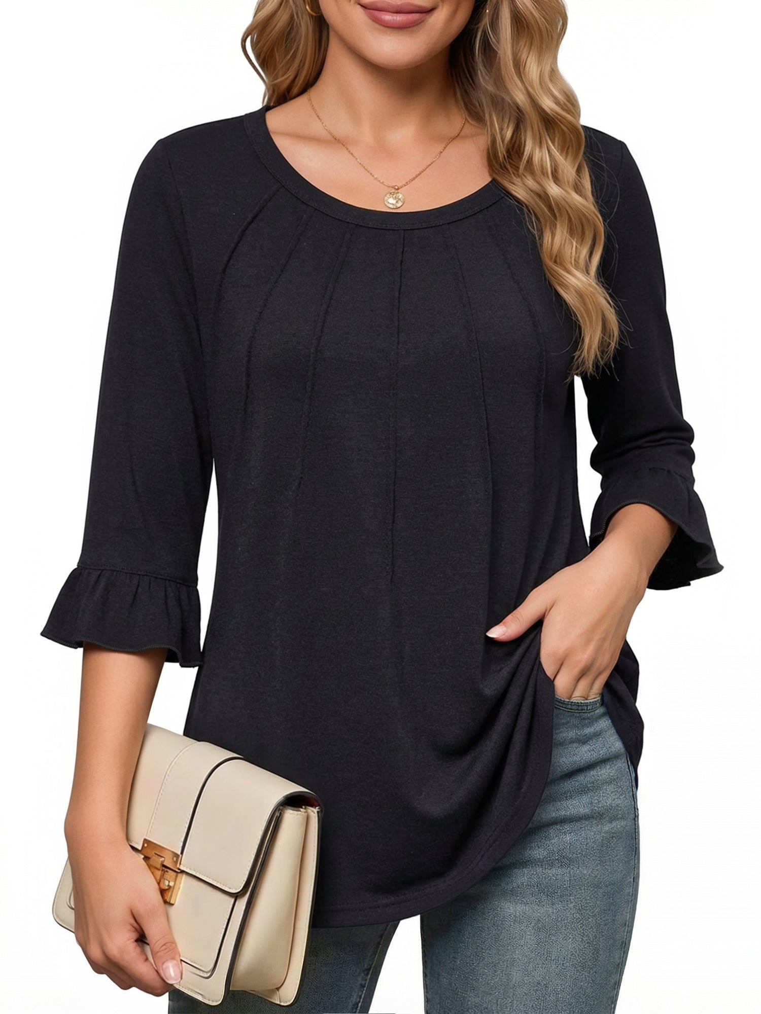 MOYIKO Pleated Blouses for Women 3/4 Length Bell Sleeve T Shirts Dressy Casual Round Neck Summer Tops