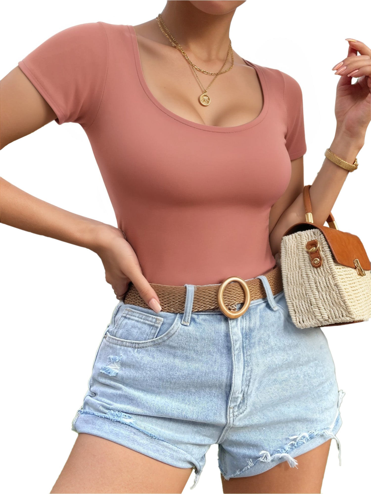 MOYIKO Scoop Neck Tops for Women Slim Fitted T Shirts Tight Short Sleeve Basic Tees