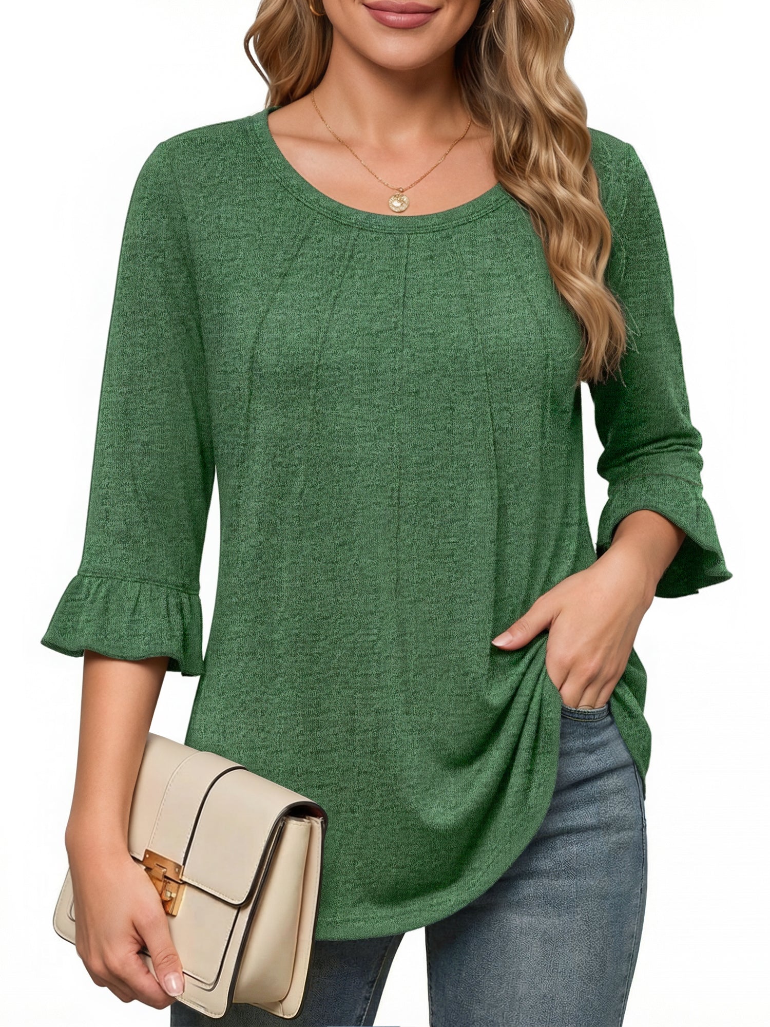 MOYIKO Pleated Blouses for Women 3/4 Length Bell Sleeve T Shirts Dressy Casual Round Neck Summer Tops