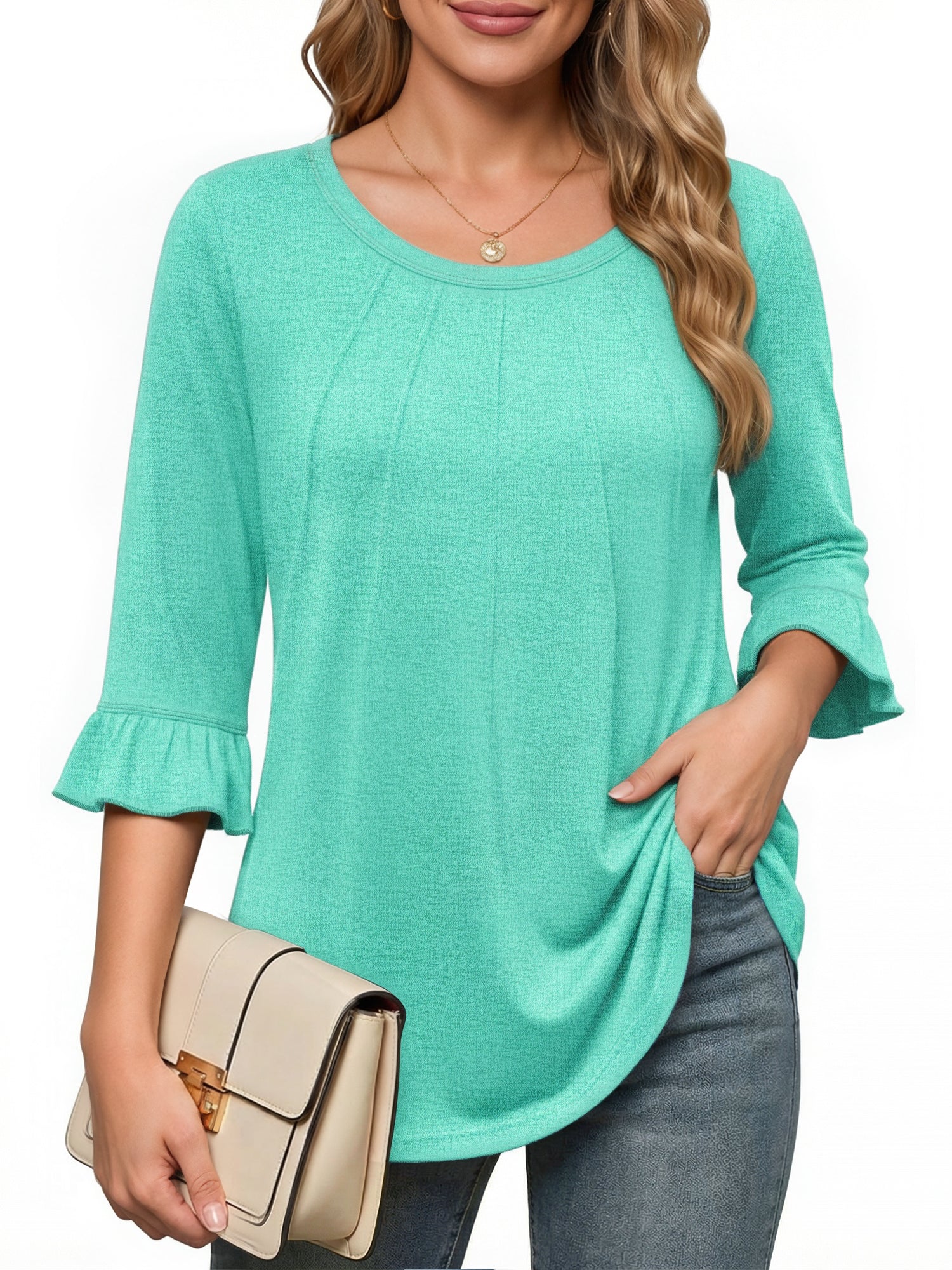MOYIKO Pleated Blouses for Women 3/4 Length Bell Sleeve T Shirts Dressy Casual Round Neck Summer Tops