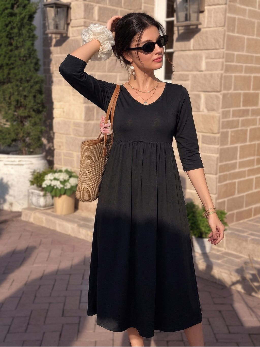 MOYIKO Dresses for Women Summer Casual Dress Floral Print 3/4 Sleeve Midi Beach Dresses