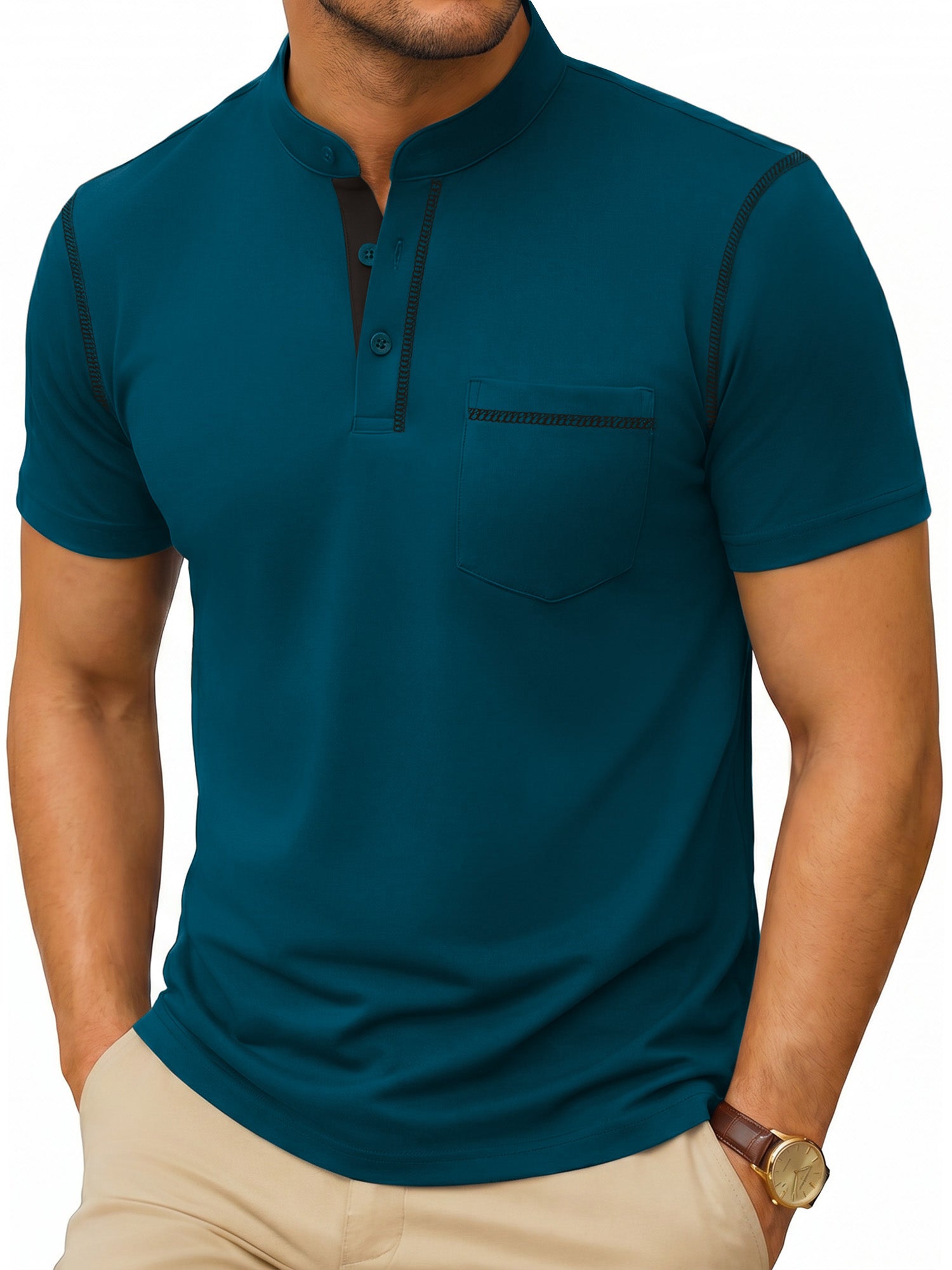 RICHCOIN Henley Men Shirts Short Sleeve T Shirts for Men Summer Tops Classic Pocket Button Casual Color Block Blue Tees