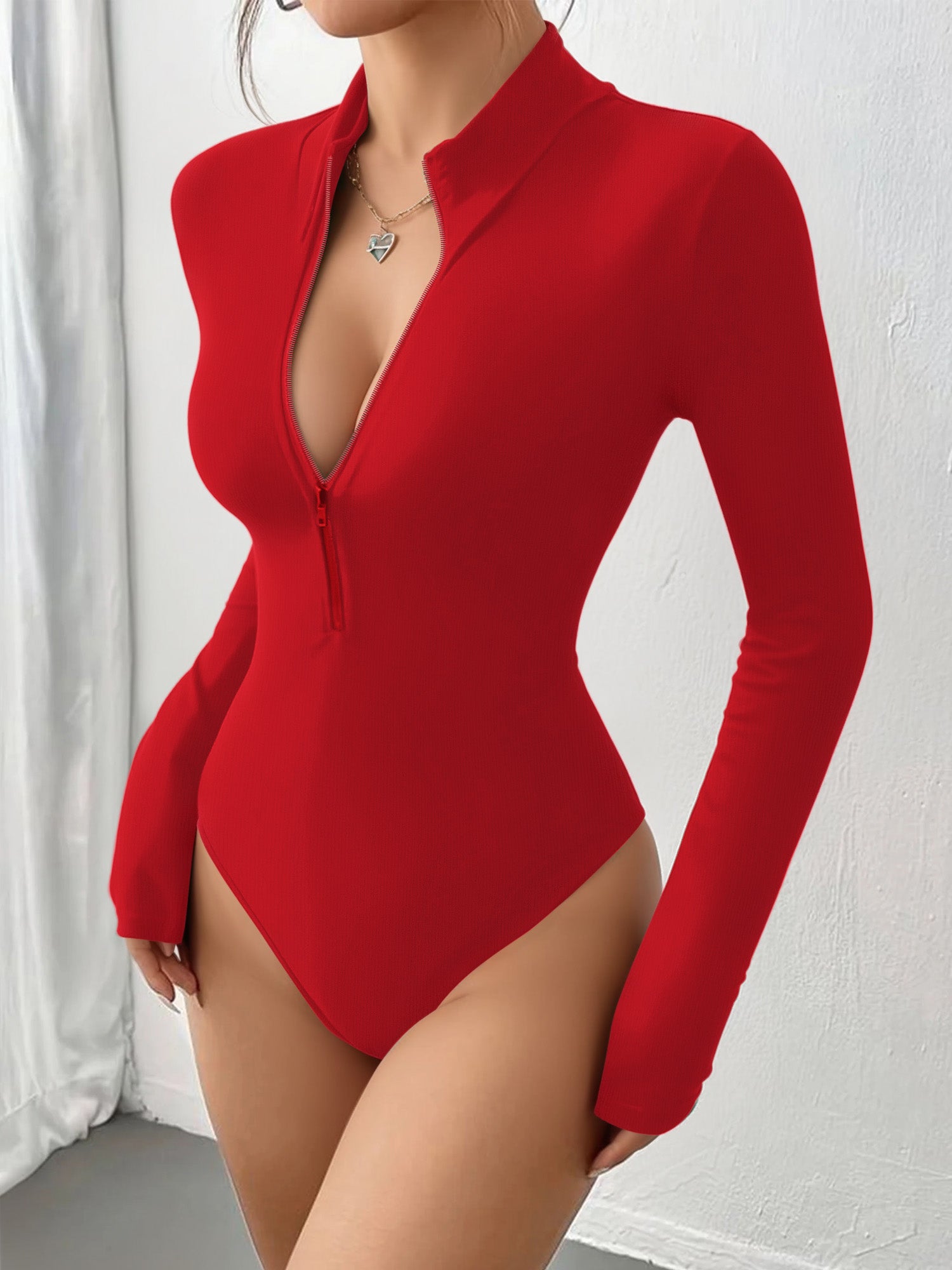 MOYIKO Mock Turtleneck for Women Zip up Long Sleeve Body Suits Womens Fitted Tight Tops