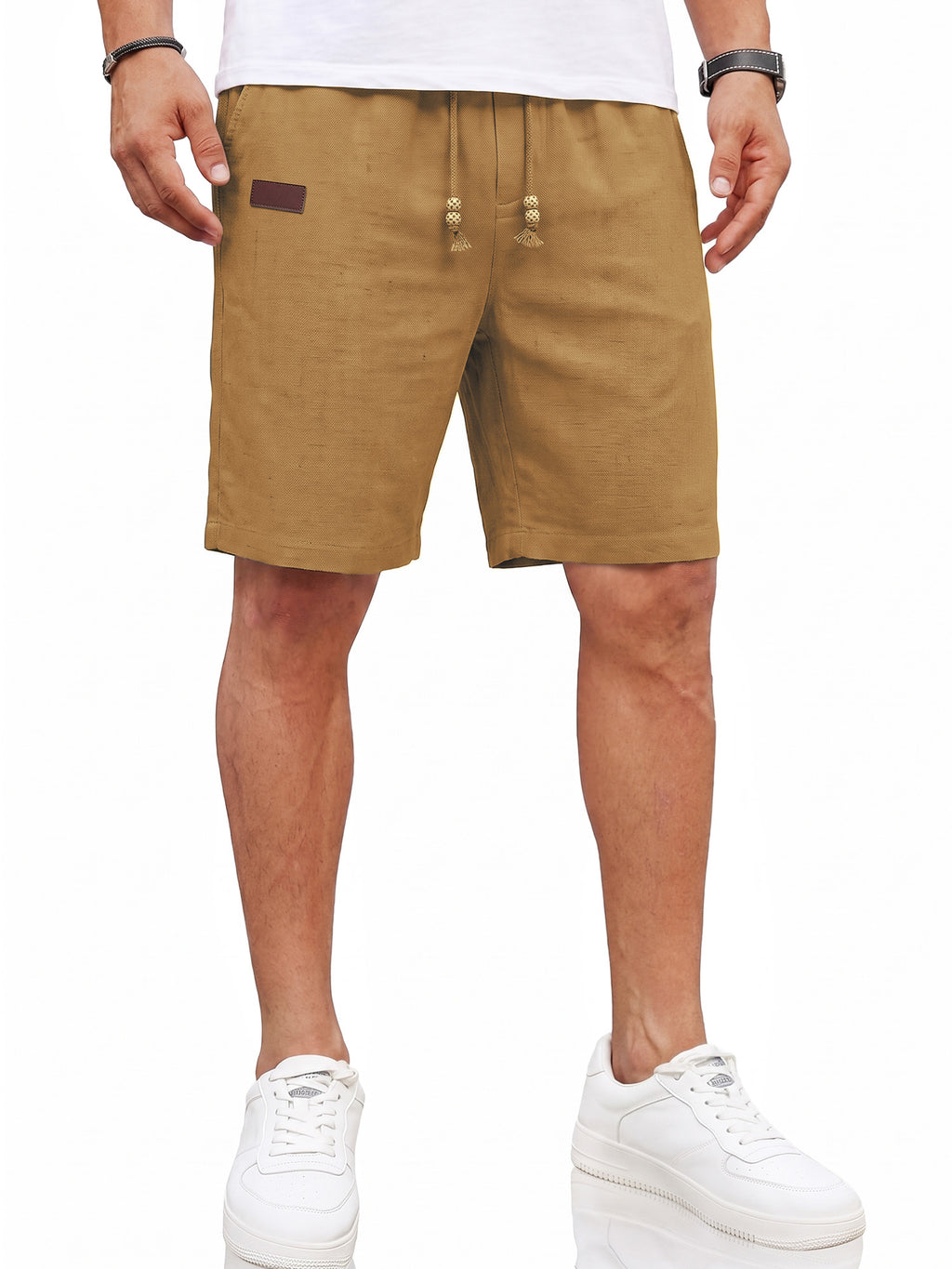 RICHCOIN Mens Casual Linen Shorts Elastic Waist Drawstring Loose Fit Summer Beach Vacation Shorts with Pockets