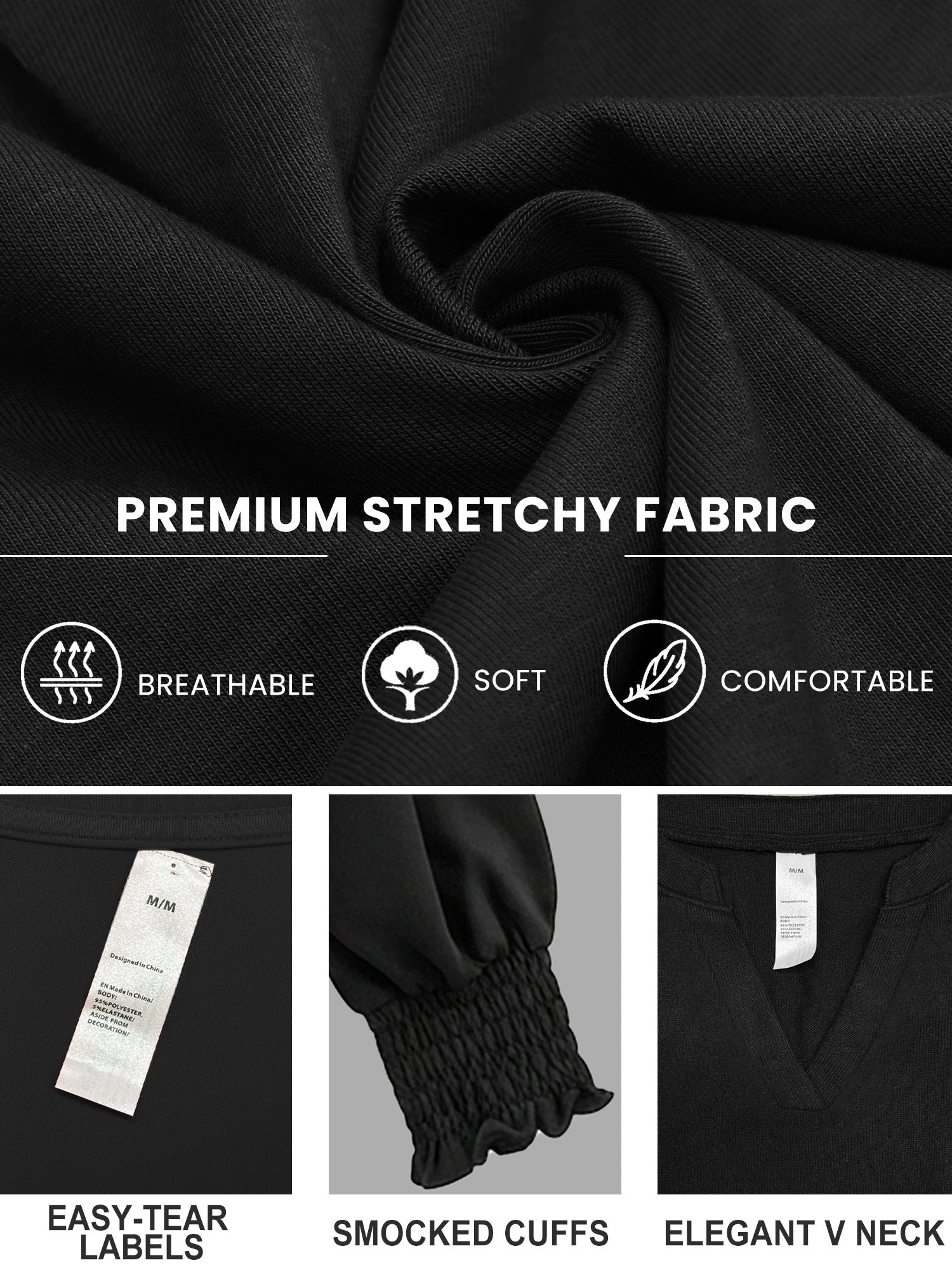 OALUXE Blouses for Women Long Sleeve Shirts V Neck Smocked Cuffs Tunic Tops