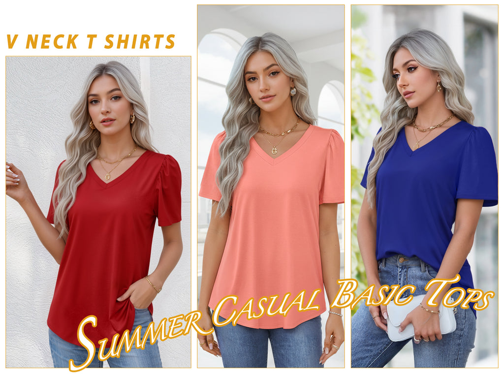 MOYIKO Womens Short Puff Sleeve T Shirts V Neck Summer Tops Trendy Dressy Casual Loose Fit Tees