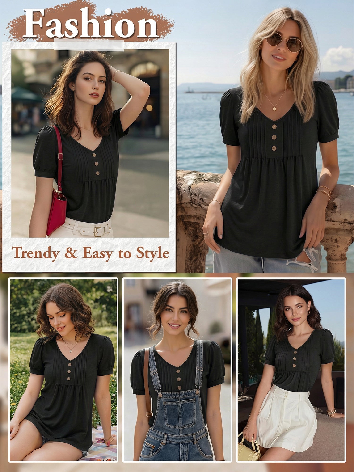 MOYIKO Blouses for Women Pleated Button Puff Short Sleeve Shirts Dressy Casual V Neck Tunic Tops Summer Shirts