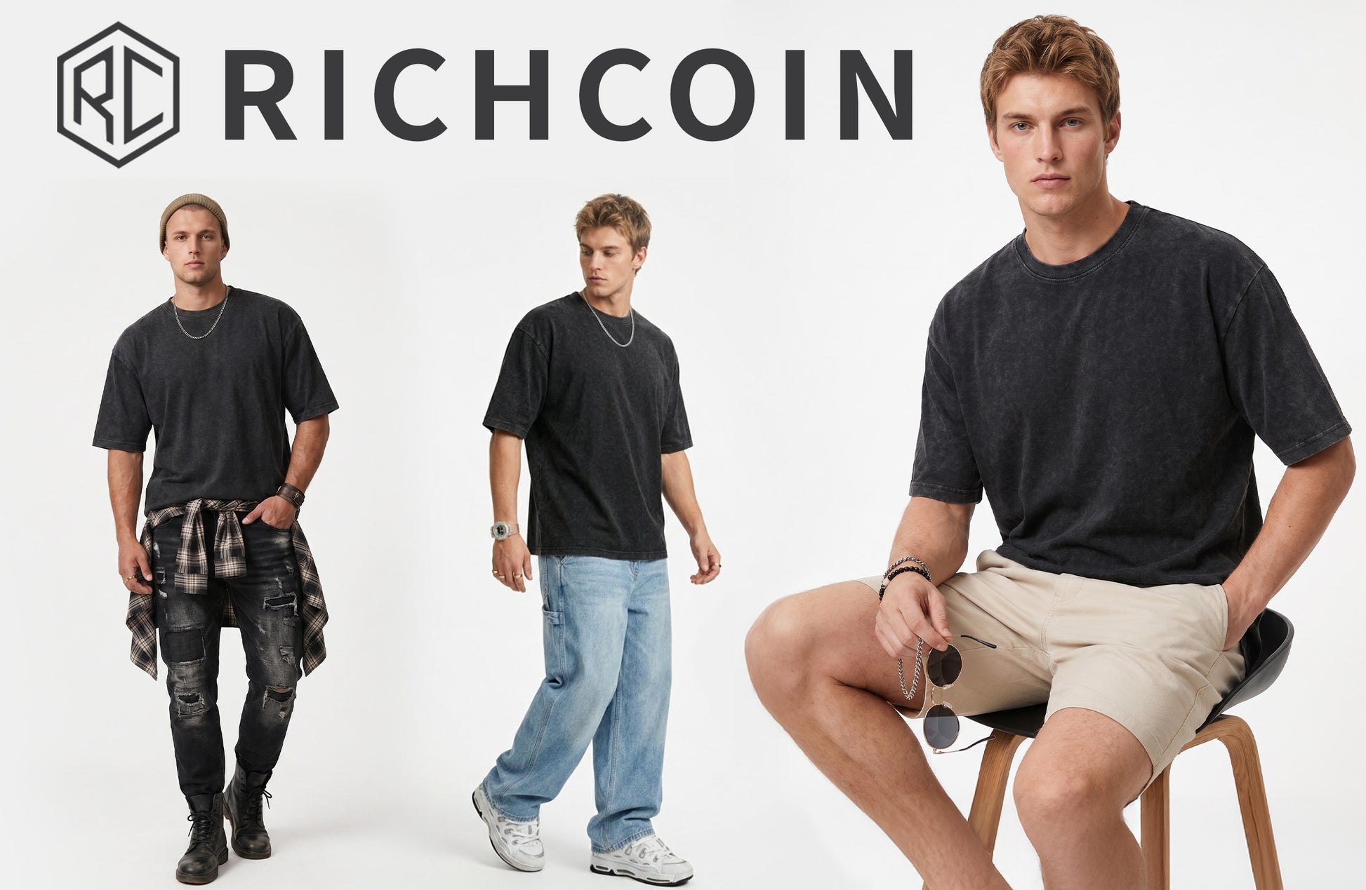 RICHCOIN Men's Oversized T-Shirts Loose Fit Vintage Washed Tee Unisex Short Sleeve Casual Tops