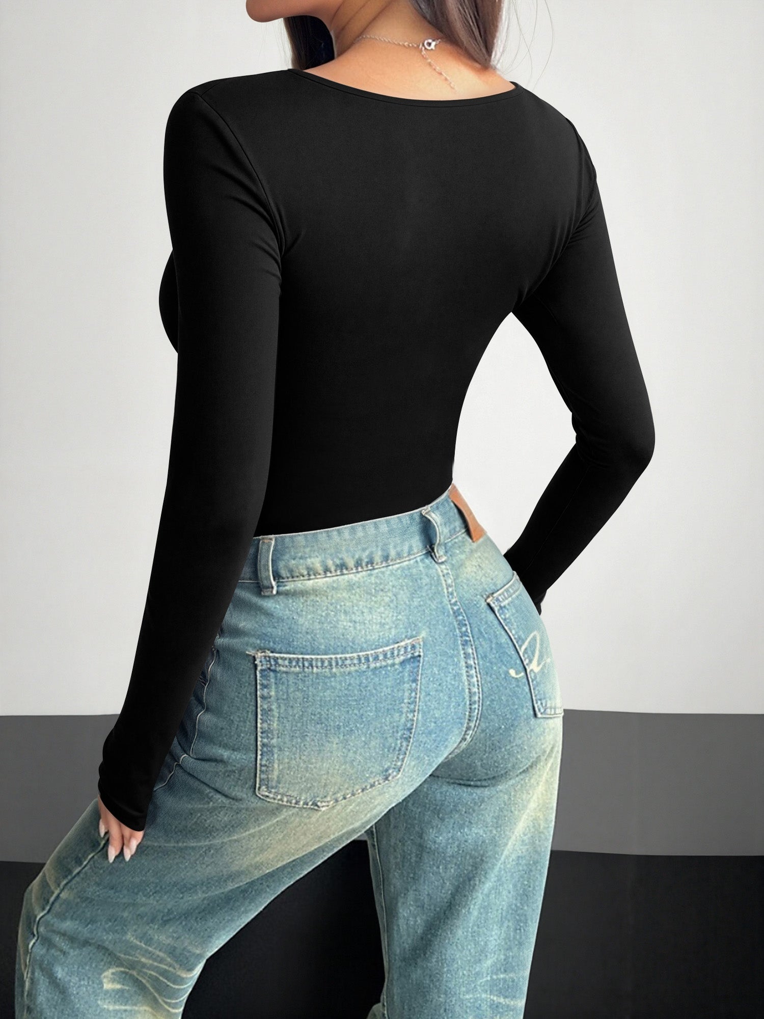 MOYIKO Square Neck Tops for Women Long Sleeve Slim Fitted Shirts Tight Tees