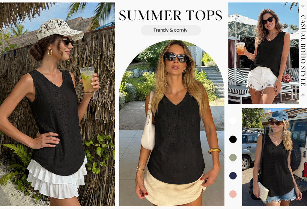 MOYIKO Tank Tops for Women Eyelet V Neck Trendy Sleeveless Tops Dressy Casual Flowy Summer Shirts Loose Fit