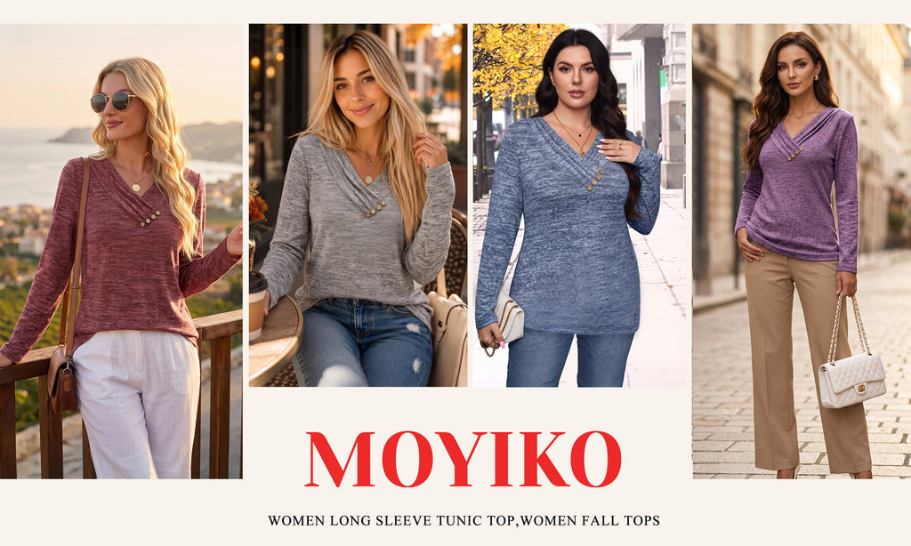 MOYIKO V Neck Blouses for Women Button Long Sleeve Tunic Dressy Casual Work Shirts Trendy Fall Winter Tops