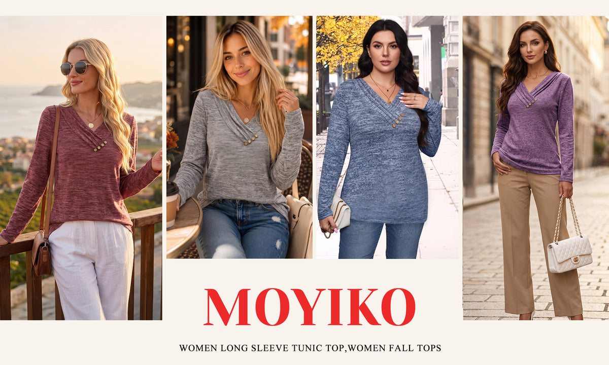 MOYIKO V Neck Blouses for Women Button Long Sleeve Tunic Dressy Casual Work Shirts Trendy Fall Winter Tops